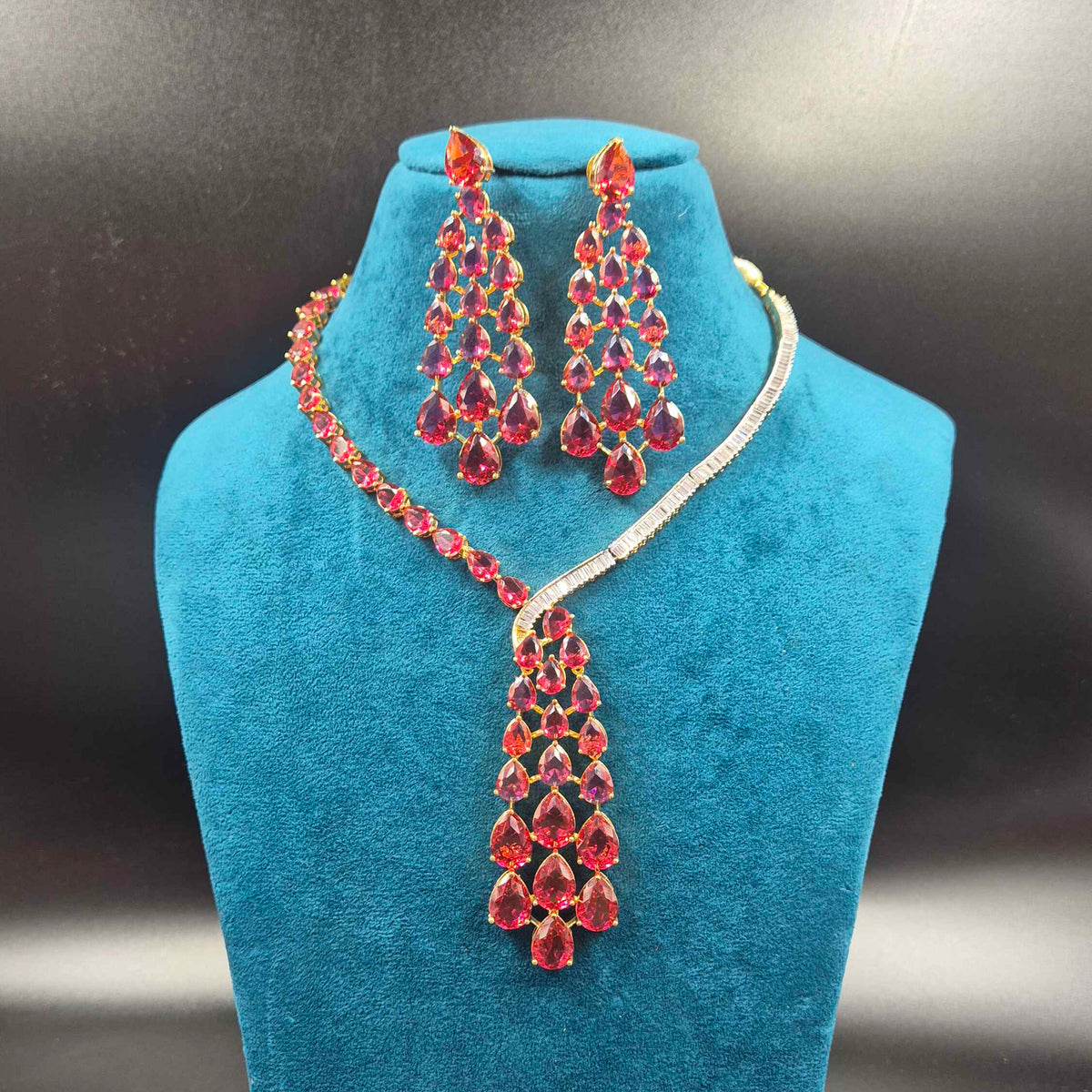 Pink CZ Stone strands Necklace Set with Statement Pendant & Earrings