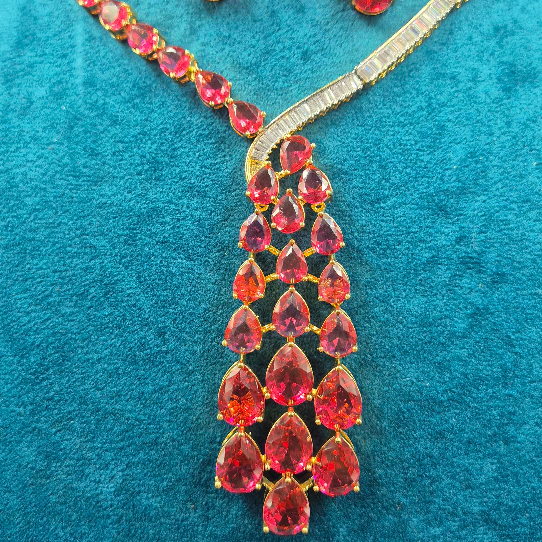Pink CZ Stone strands Necklace Set with Statement Pendant & Earrings