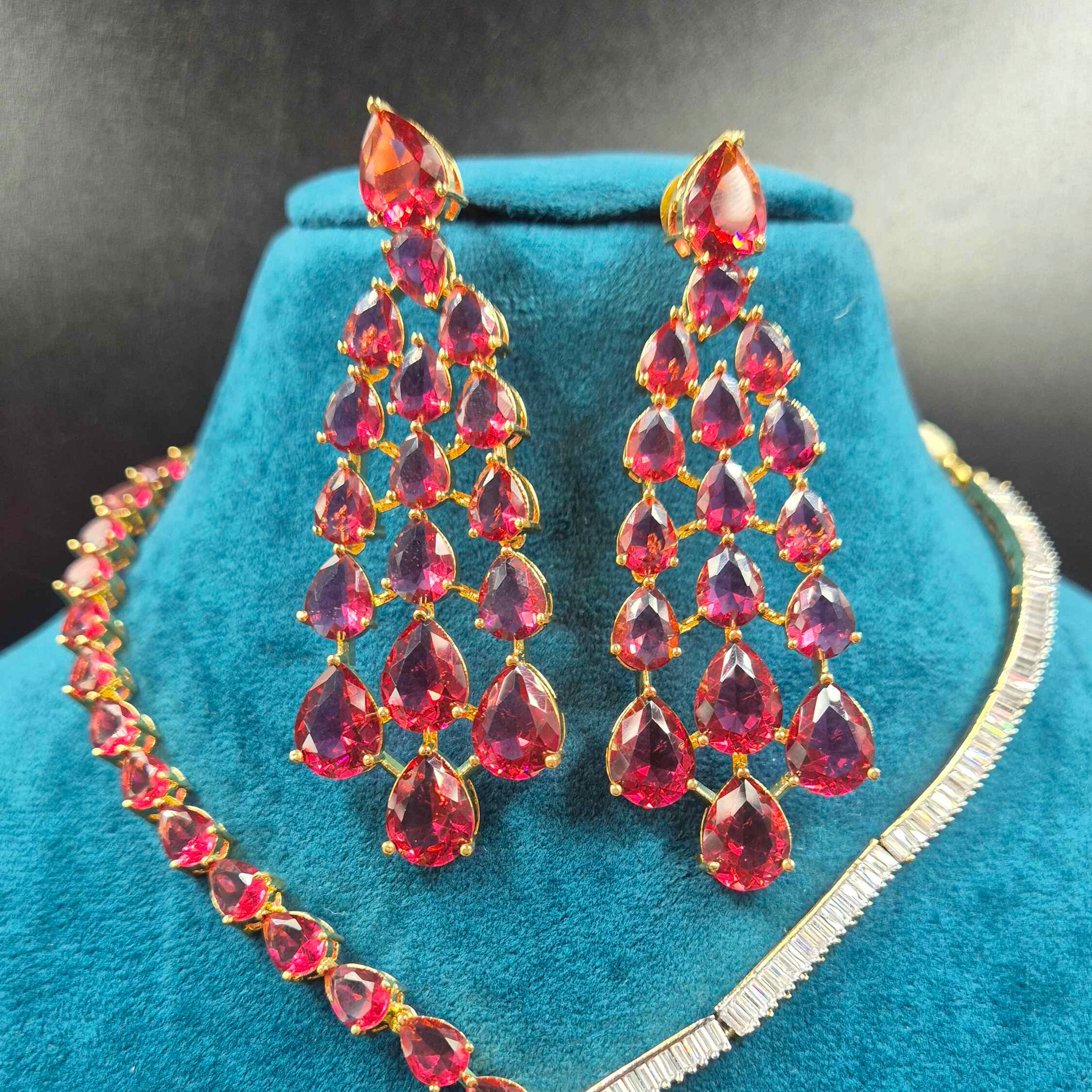 Pink CZ Stone strands Necklace Set with Statement Pendant & Earrings