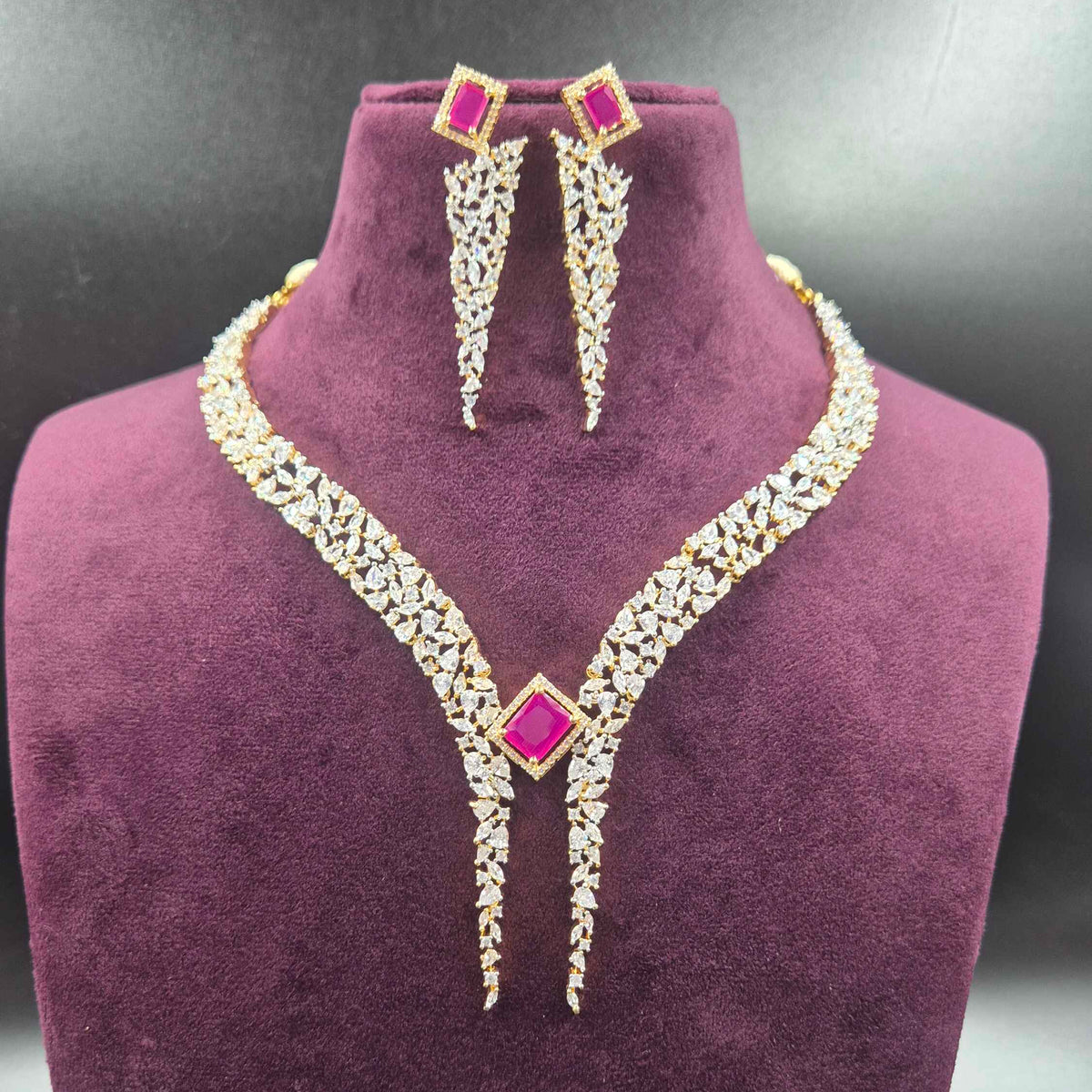 Ruby AD Necklace Set with Statement Earrings | Jeys Jewels