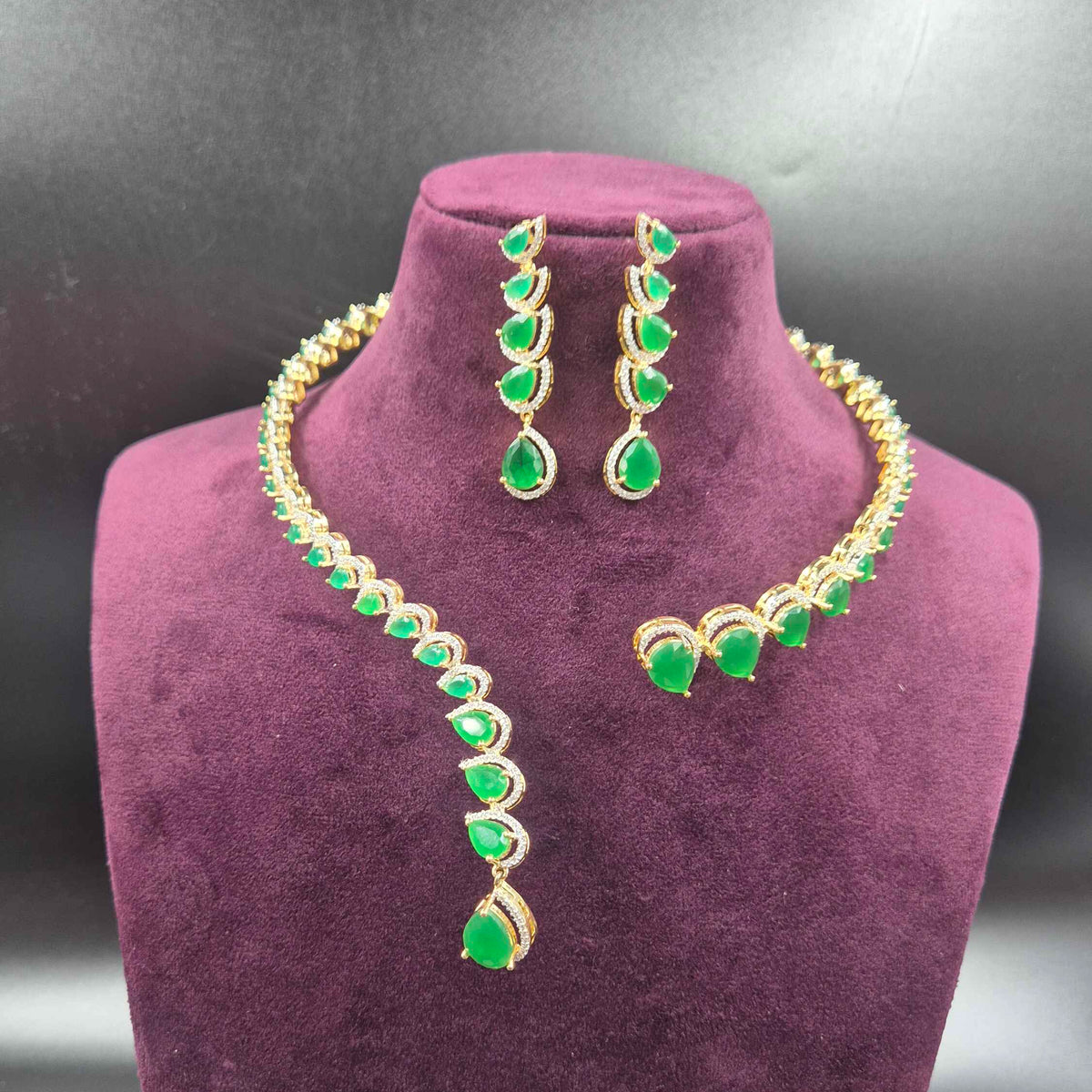 Emerald Green Openable AD Necklace Set with Long Earrings | Jeys Jewels