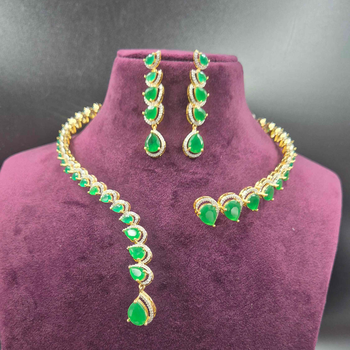 Emerald Green Openable AD Necklace Set with Long Earrings | Jeys Jewels