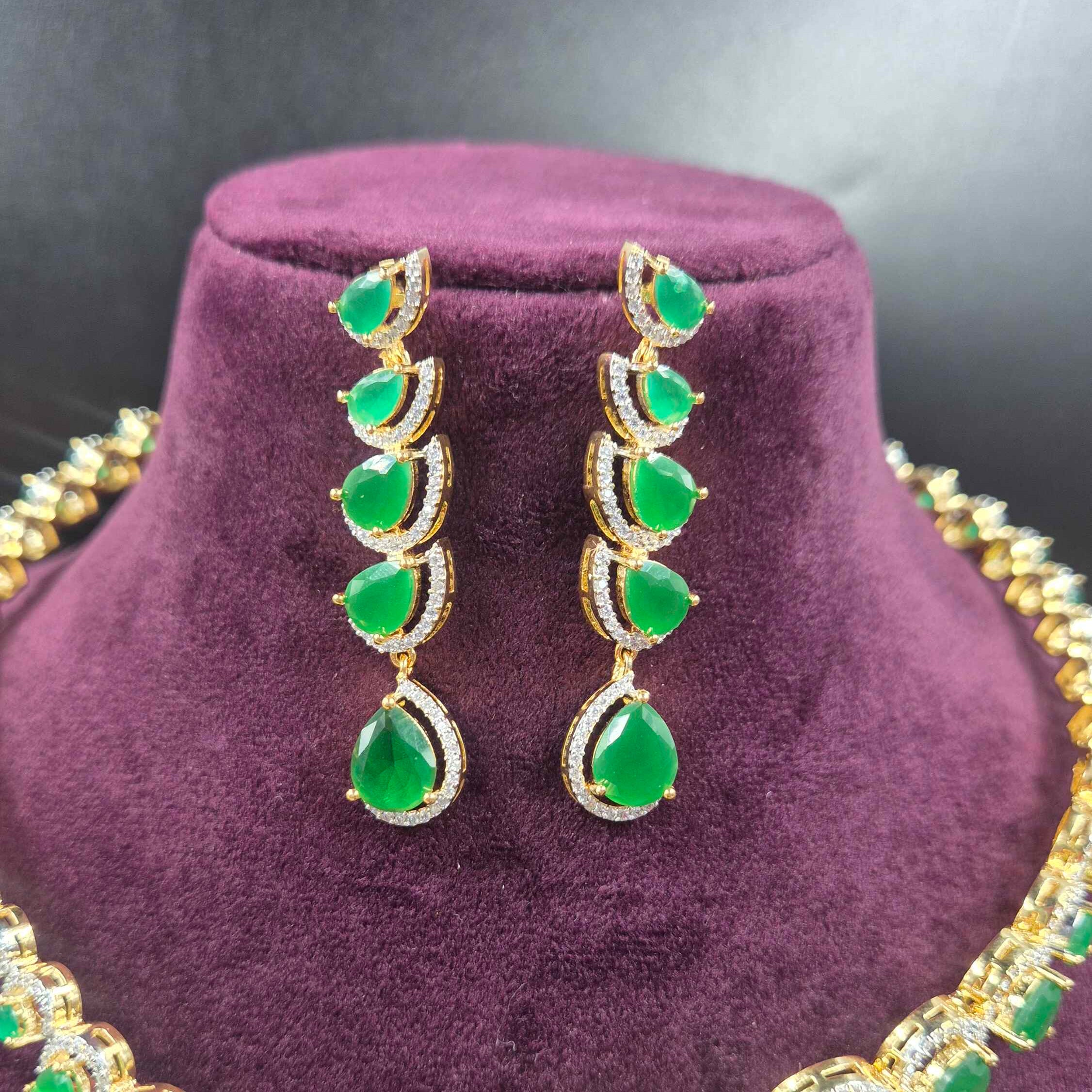 Emerald Green Openable AD Necklace Set with Long Earrings | Jeys Jewels