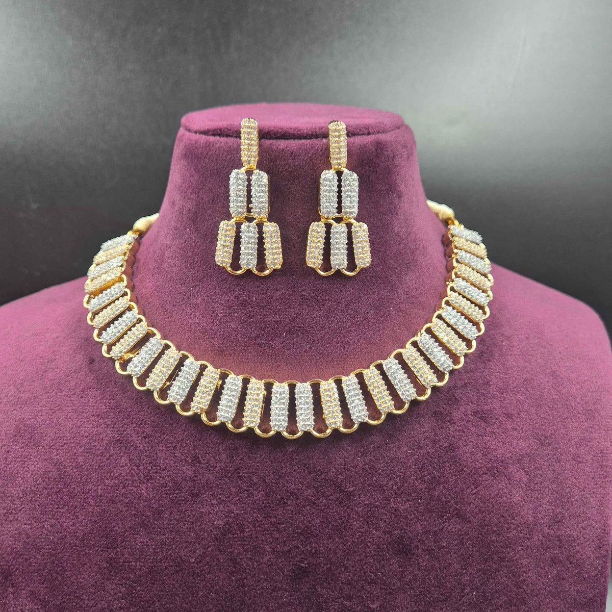Gold Finish AD Necklace Set with Statement Earrings | Jeys Jewels