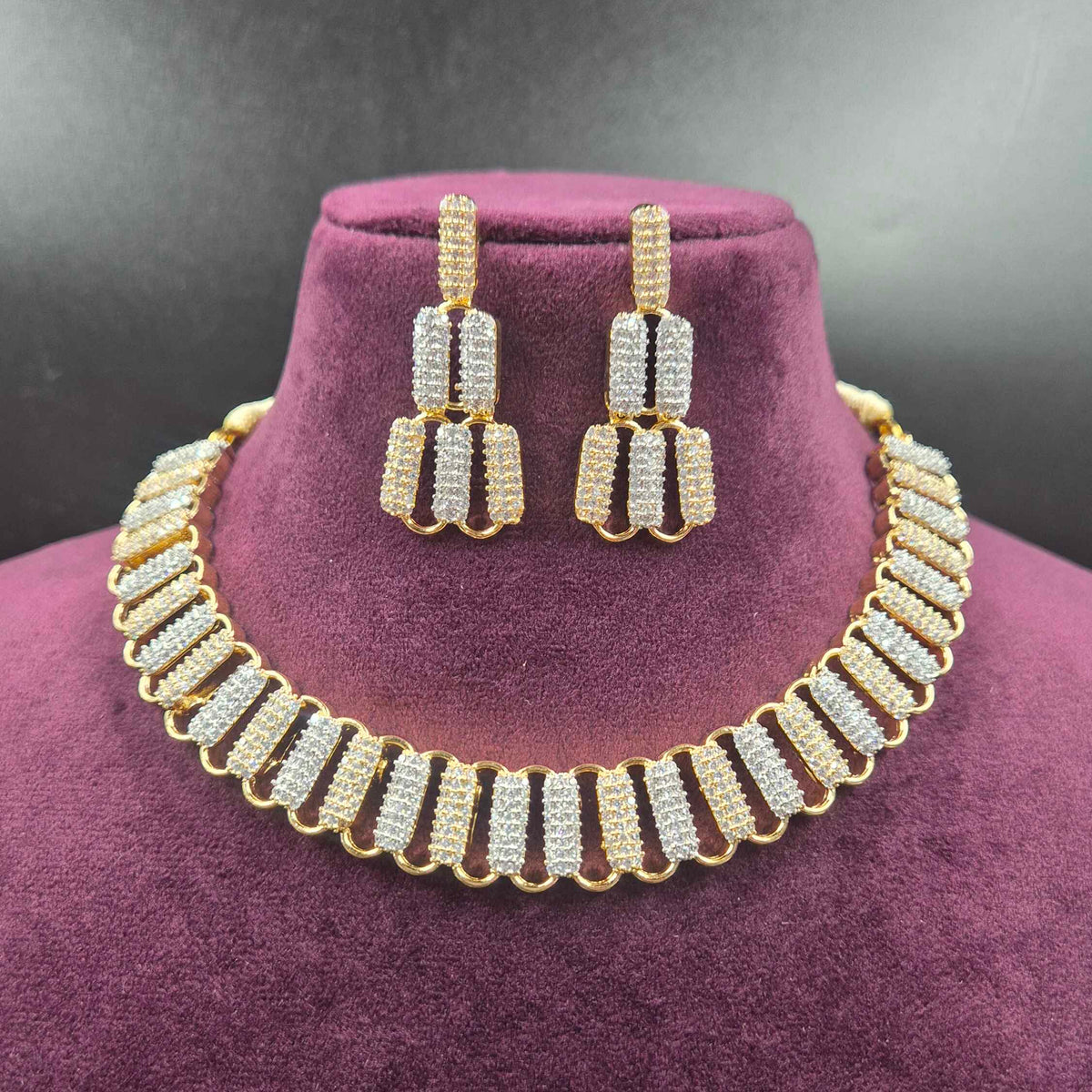 Gold Finish AD Necklace Set with Statement Earrings | Jeys Jewels