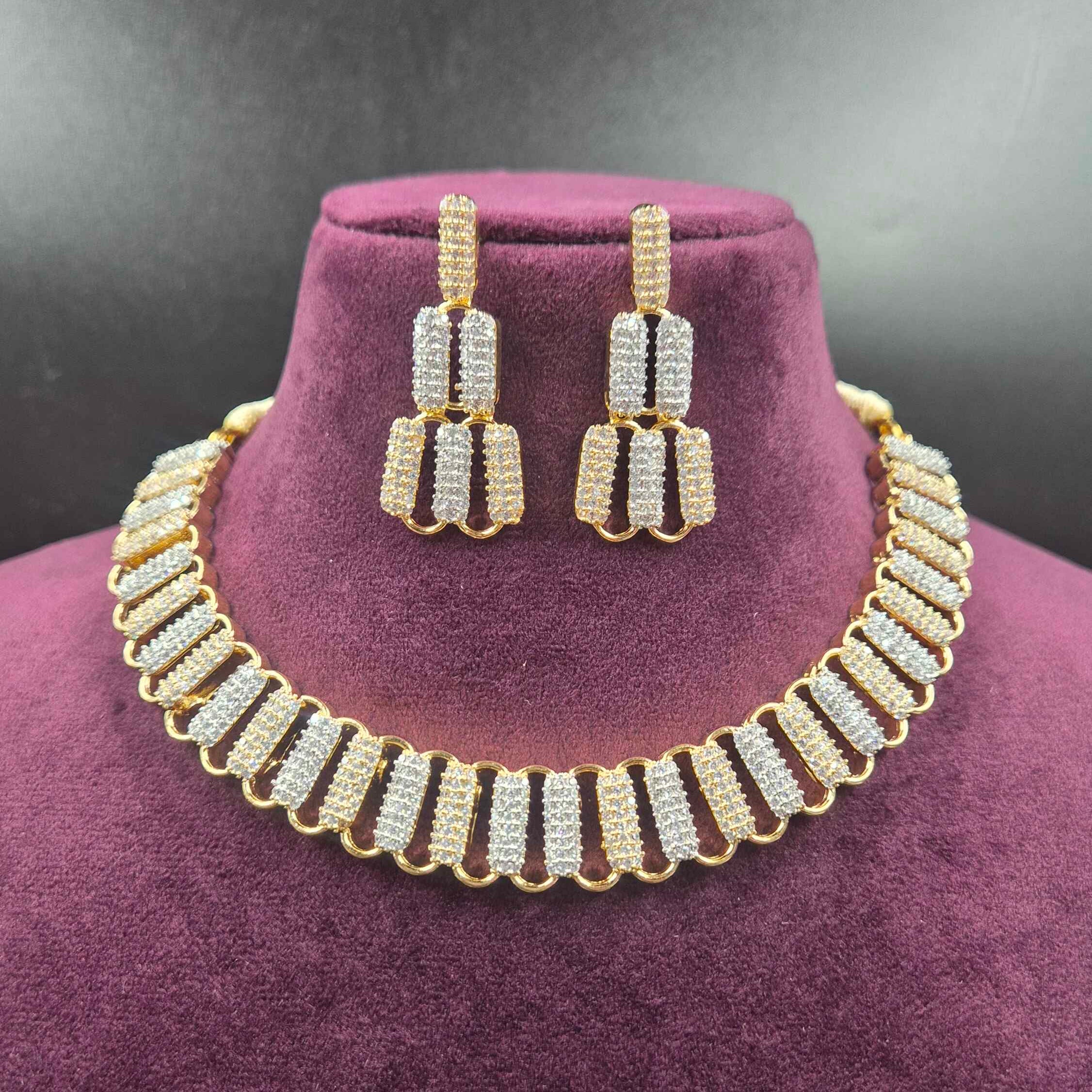 Gold Finish AD Necklace Set with Statement Earrings | Jeys Jewels