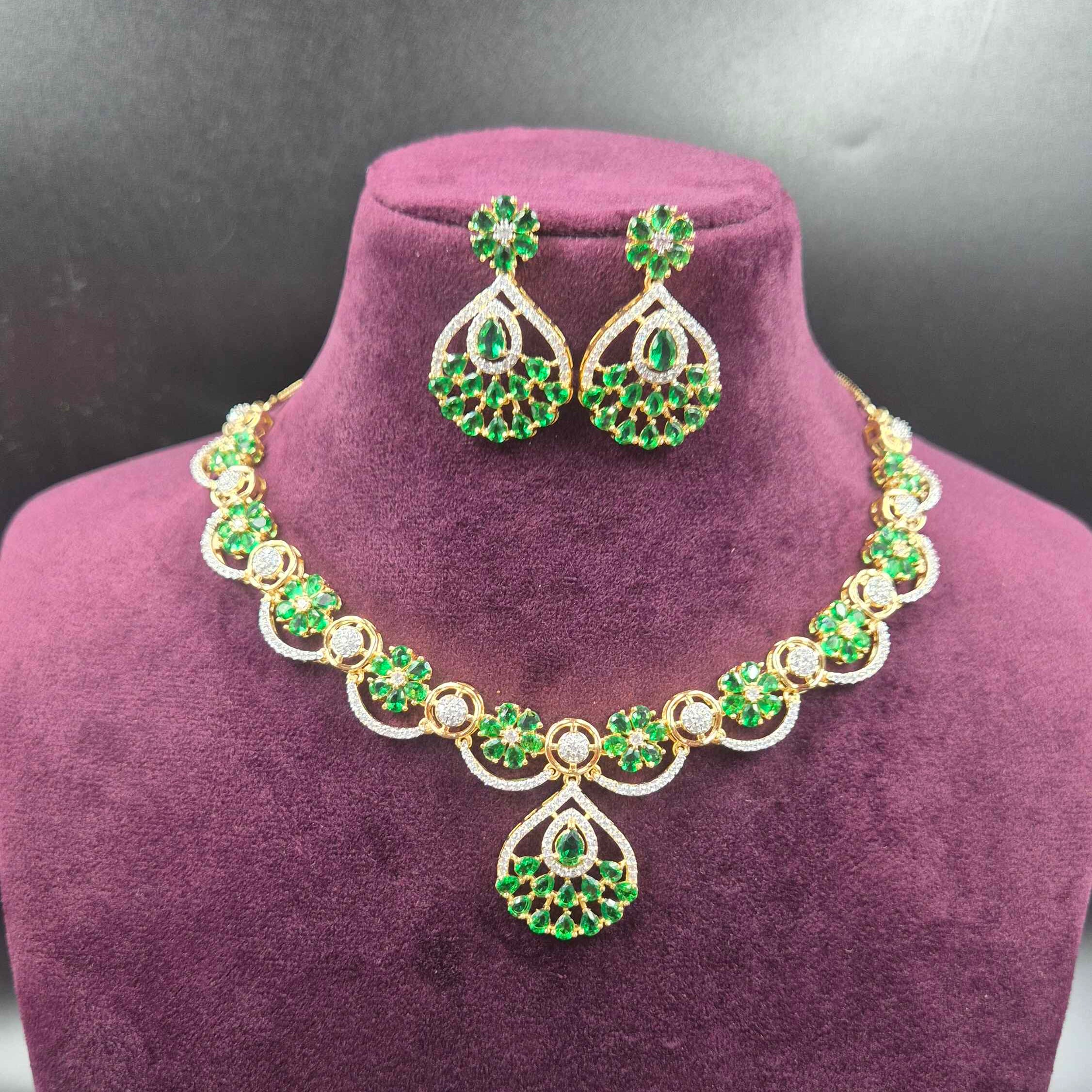 Emerald Green AD Necklace Set with Floral Pendant & Earrings | Jeys Jewels