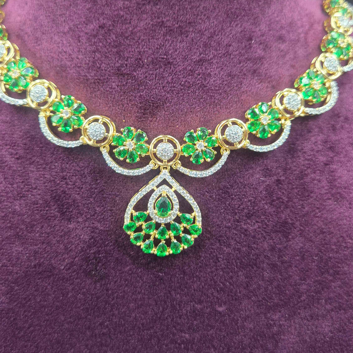 Emerald Green AD Necklace Set with Floral Pendant & Earrings | Jeys Jewels