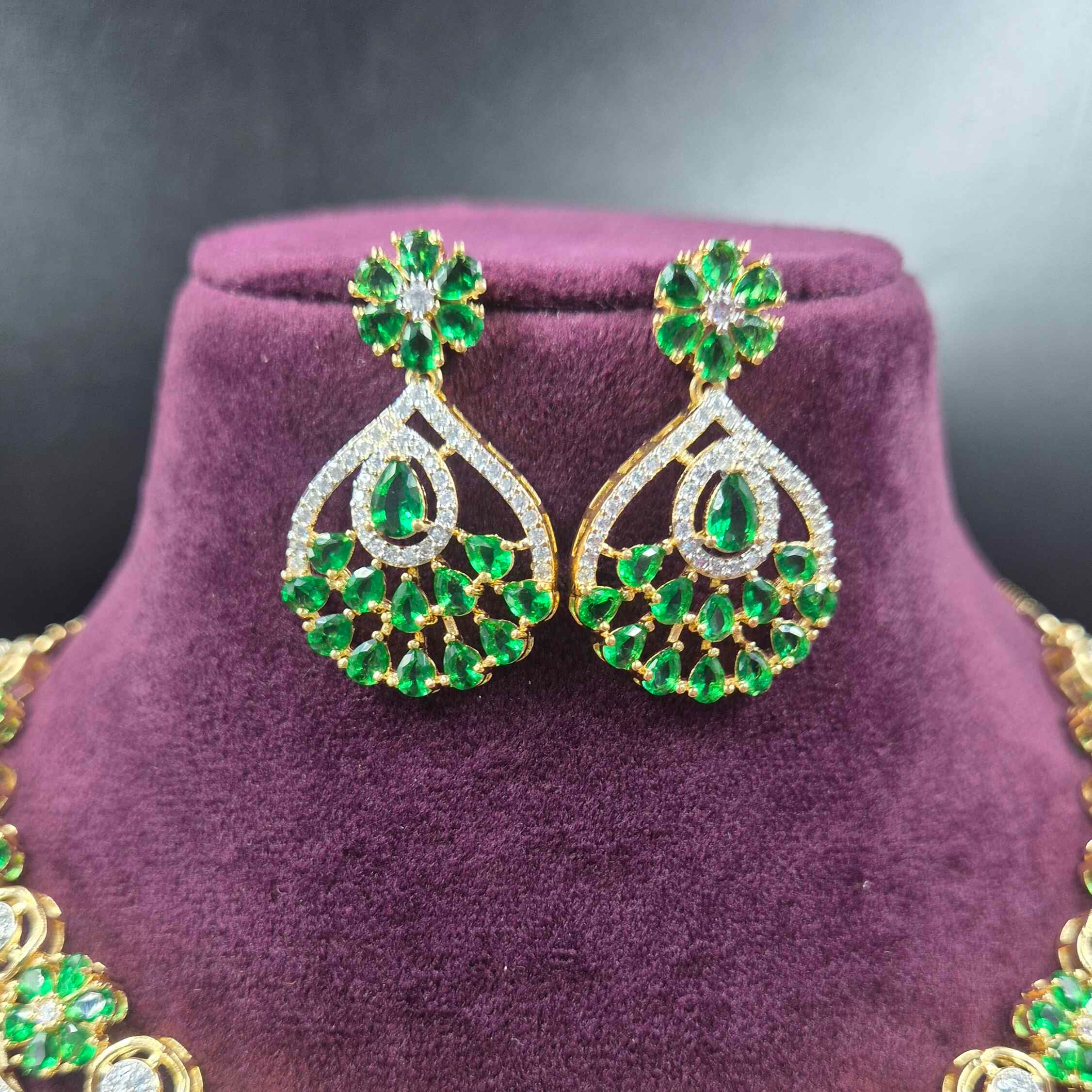 Emerald Green AD Necklace Set with Floral Pendant & Earrings | Jeys Jewels