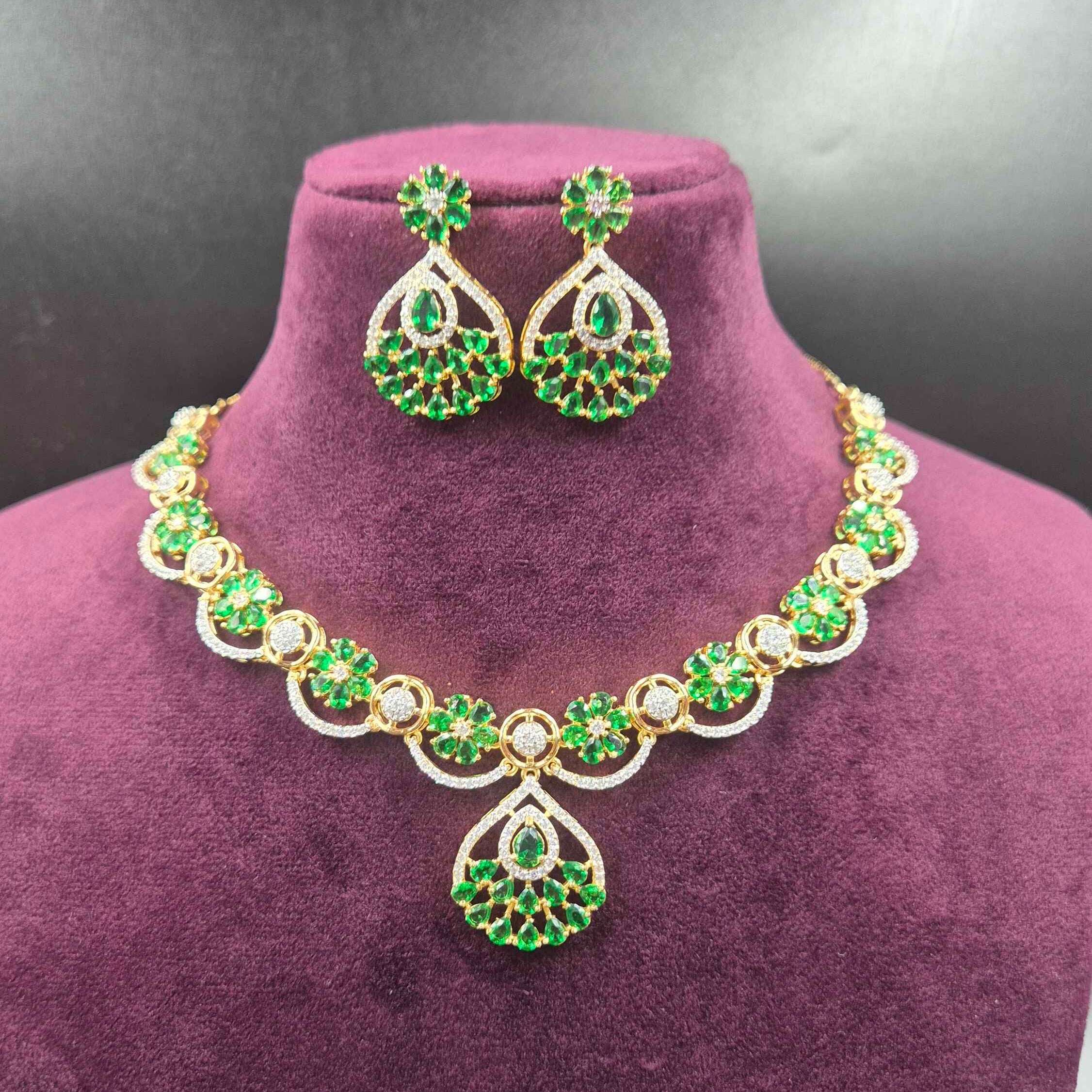 Emerald Green AD Necklace Set with Floral Pendant & Earrings | Jeys Jewels