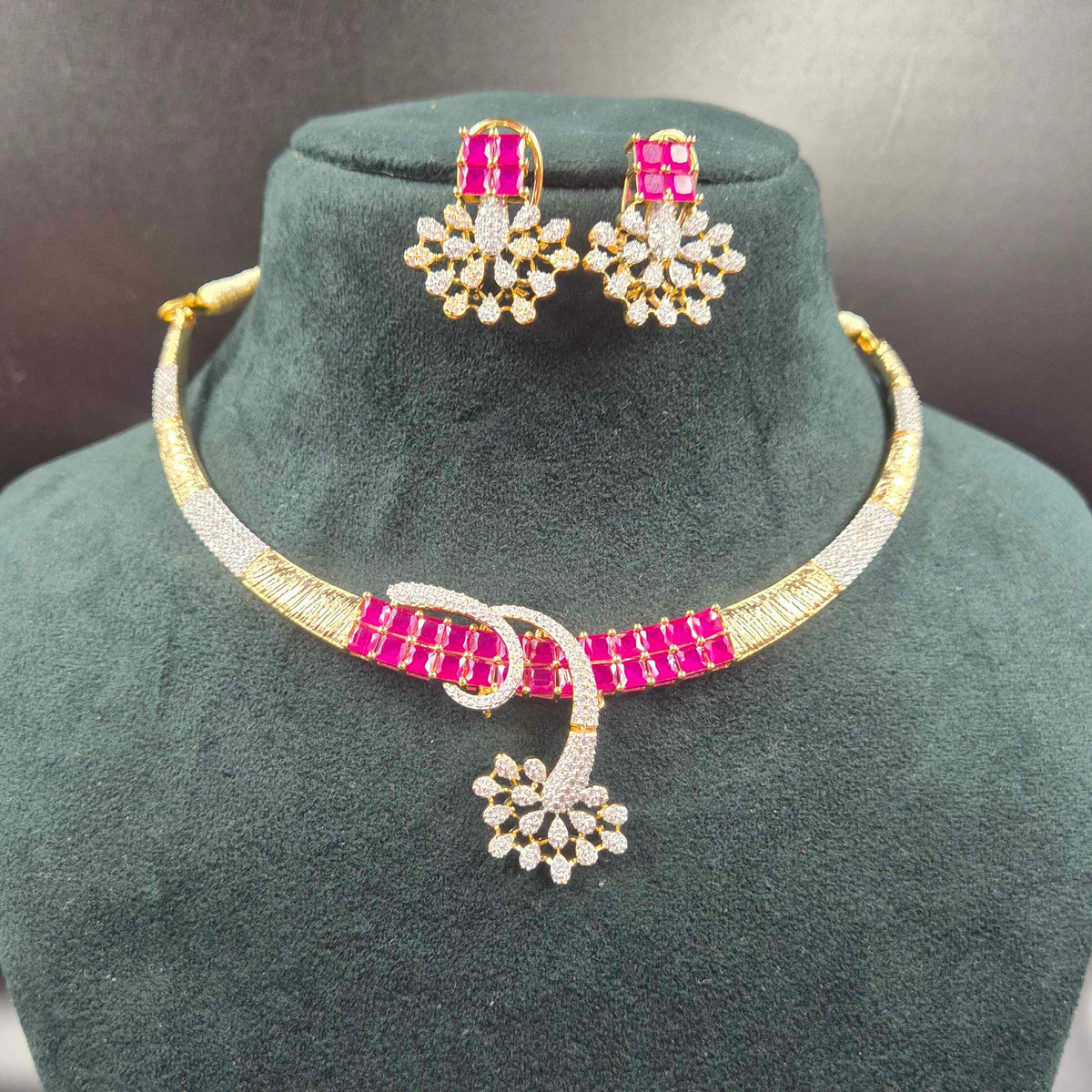 Ruby Pink CZ Necklace Set | Designer AD Jewellery with Earrings