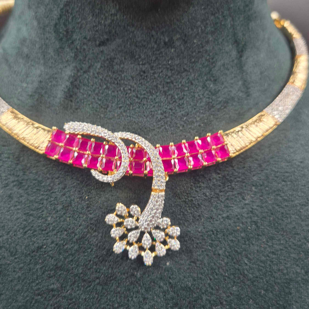 Ruby Pink CZ Necklace Set | Designer AD Jewellery with Earrings