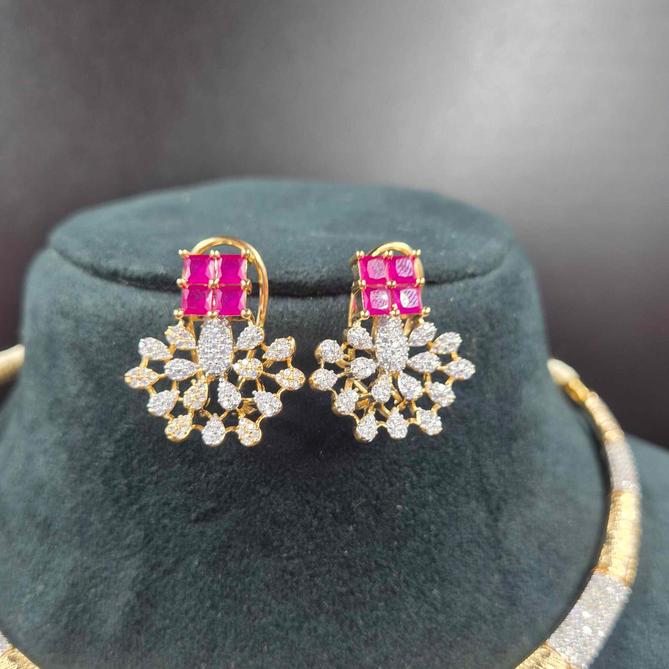 Ruby Pink CZ Necklace Set | Designer AD Jewellery with Earrings