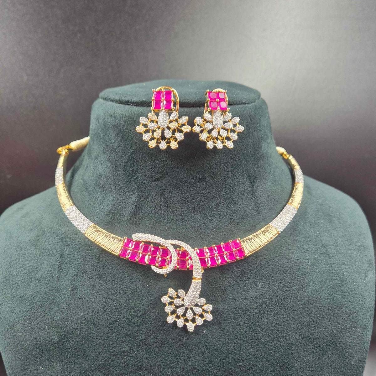 Ruby Pink CZ Necklace Set | Designer AD Jewellery with Earrings