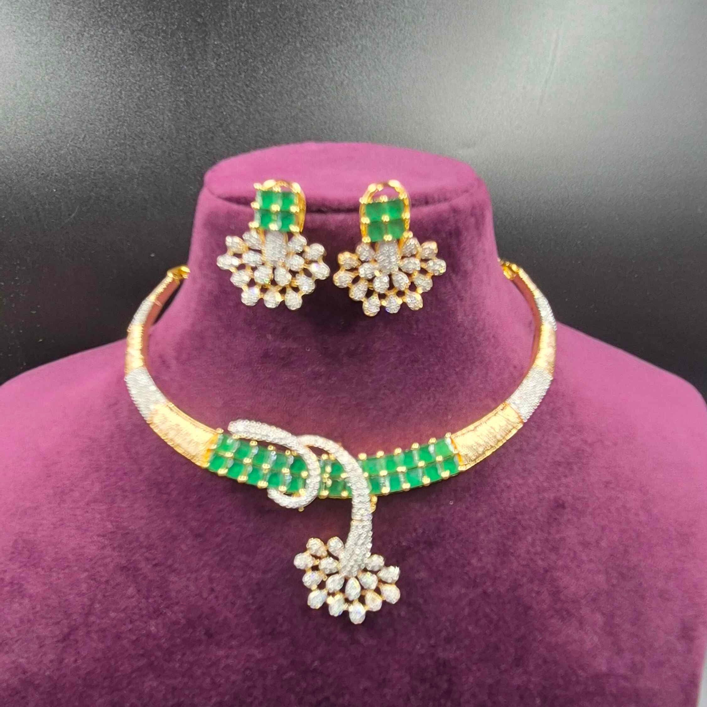 Emerald Green CZ Designer Necklace Set with Floral Earrings