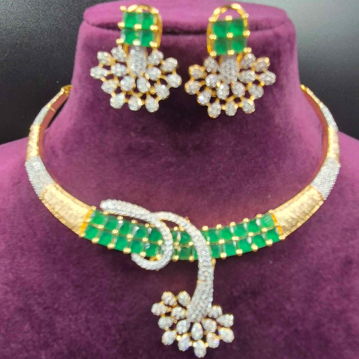 Emerald Green CZ Designer Necklace Set with Floral Earrings