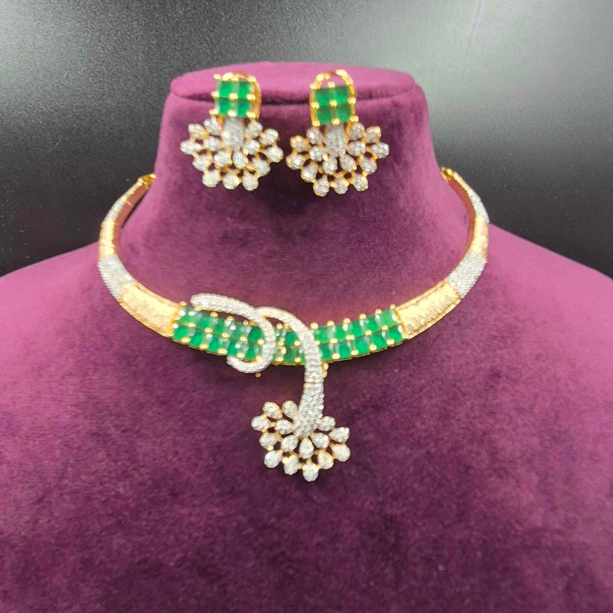 Emerald Green CZ Designer Necklace Set with Floral Earrings