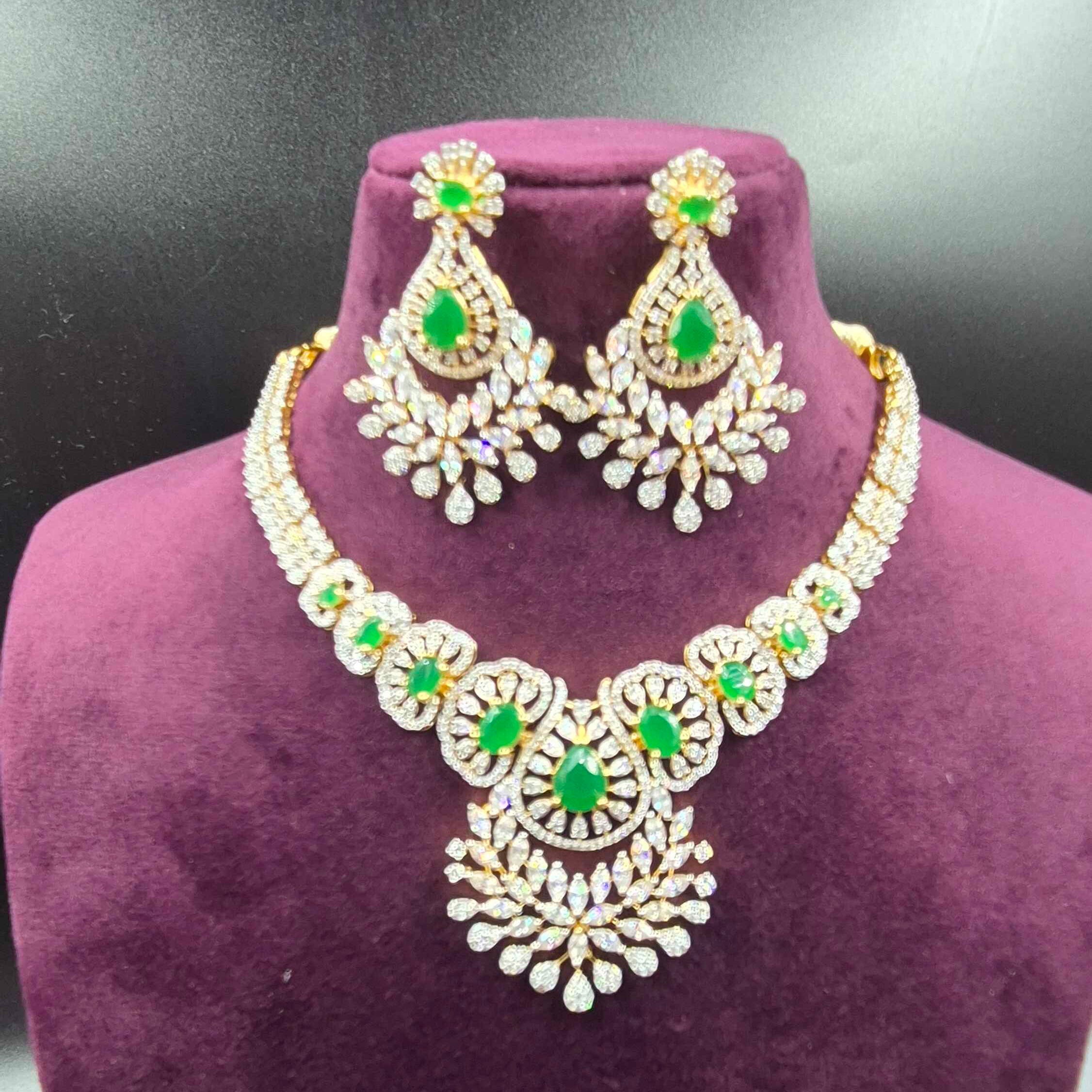 Emerald Green CZ Floral Necklace Set with Designer Earrings