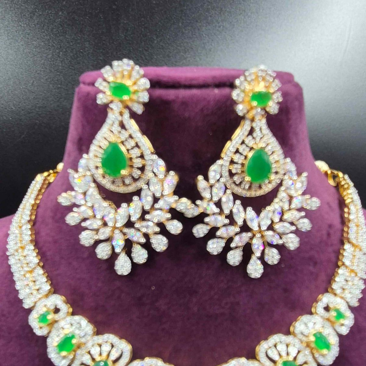 Emerald Green CZ Floral Necklace Set with Designer Earrings