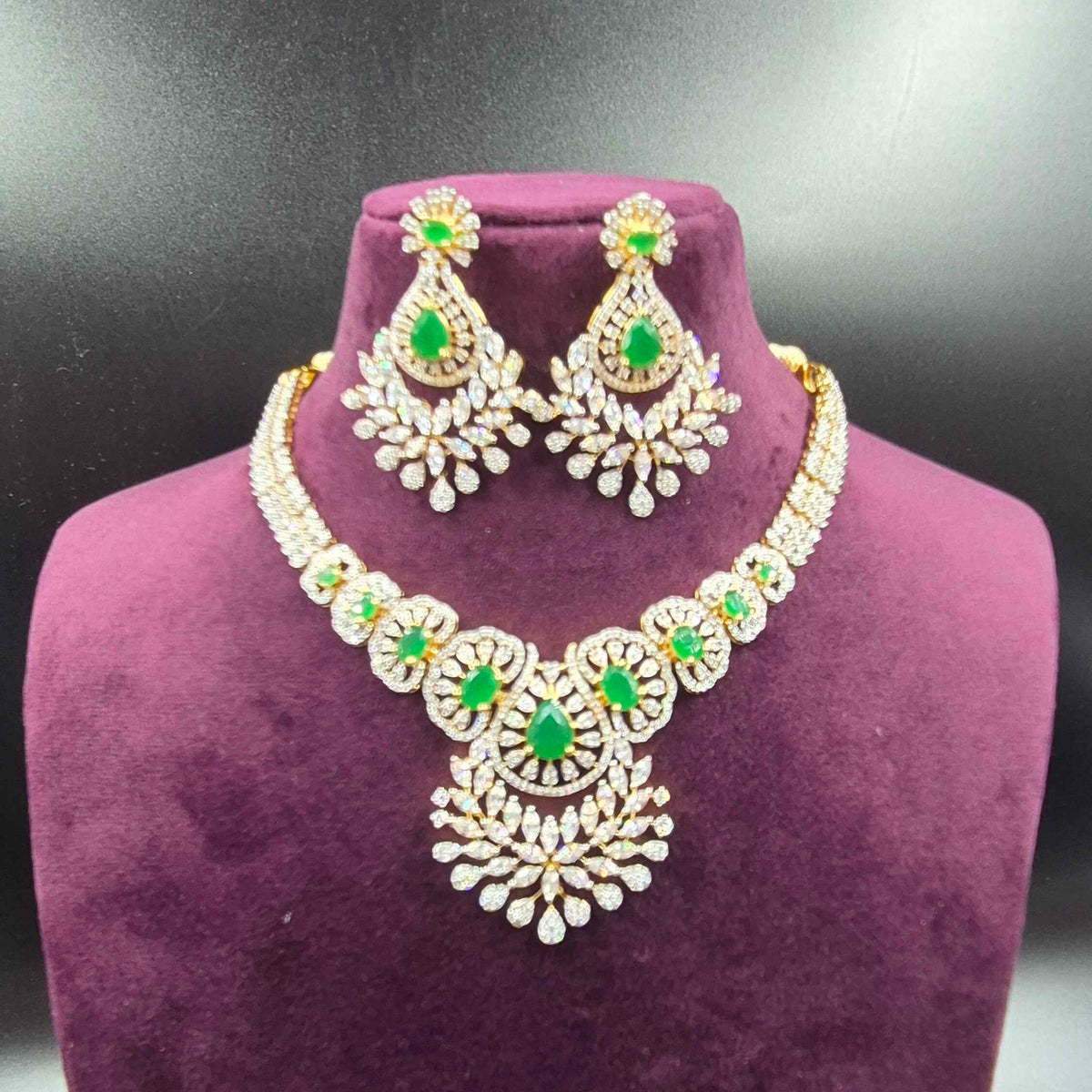 Emerald Green CZ Floral Necklace Set with Designer Earrings