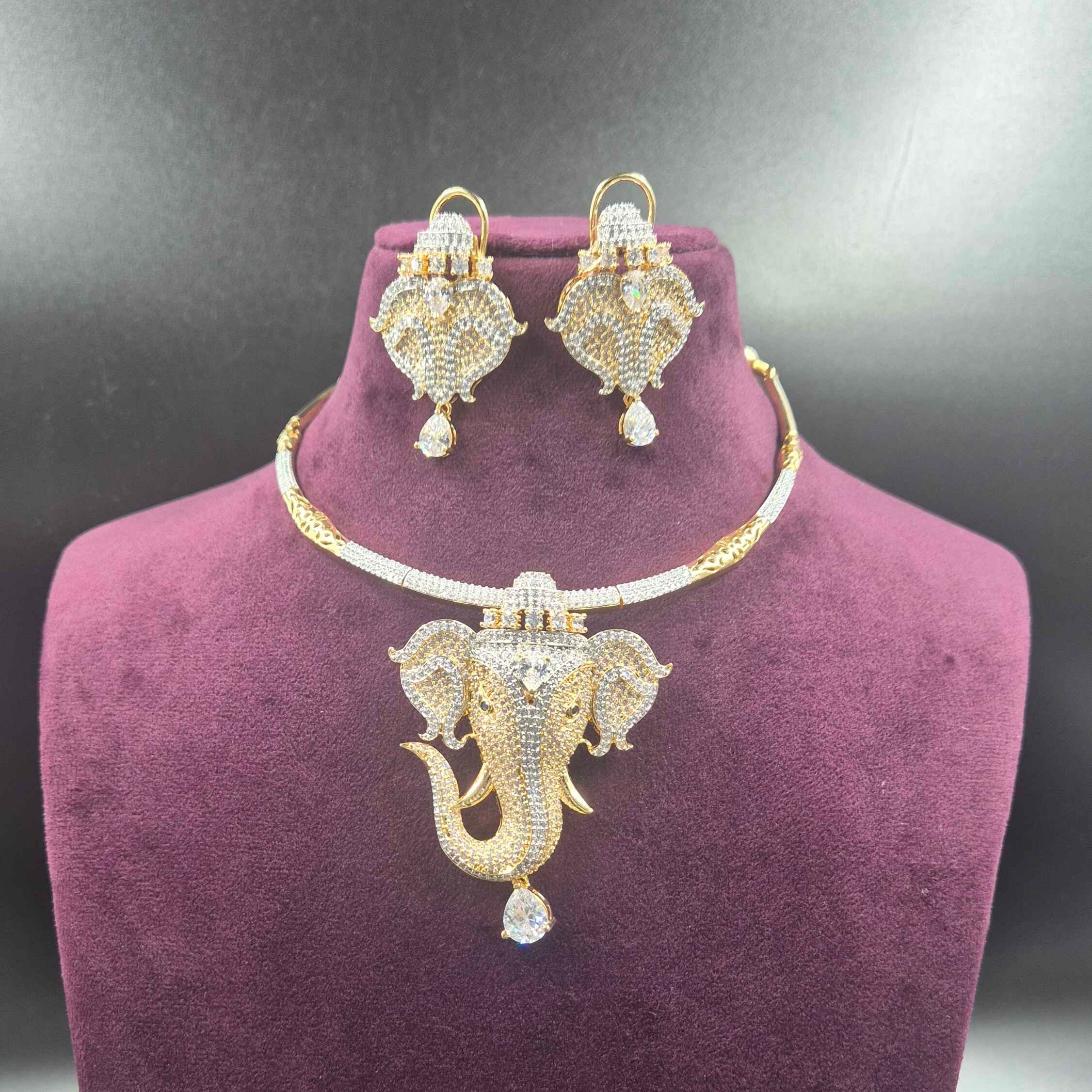 Two in one Ganesha Face CZ white stones Necklace Set with Matching Designer Earrings and plain hasli chain