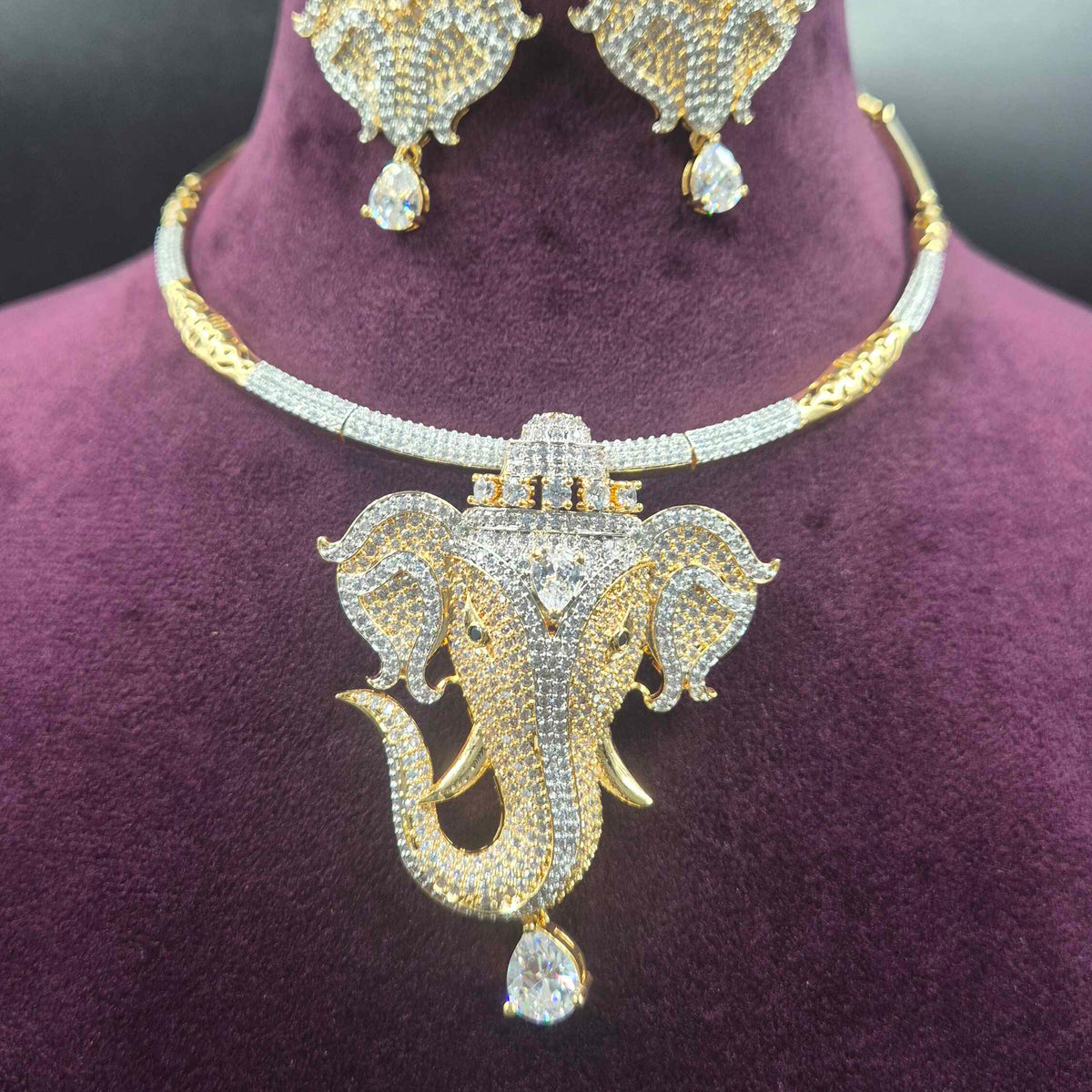 Two in one Ganesha Face CZ white stones Necklace Set with Matching Designer Earrings and plain hasli chain