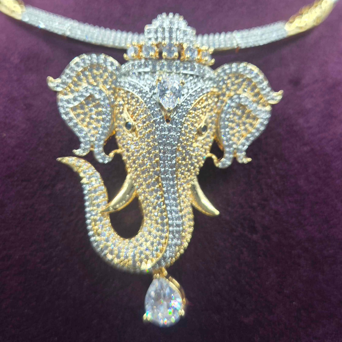 Two in one Ganesha Face CZ white stones Necklace Set with Matching Designer Earrings and plain hasli chain