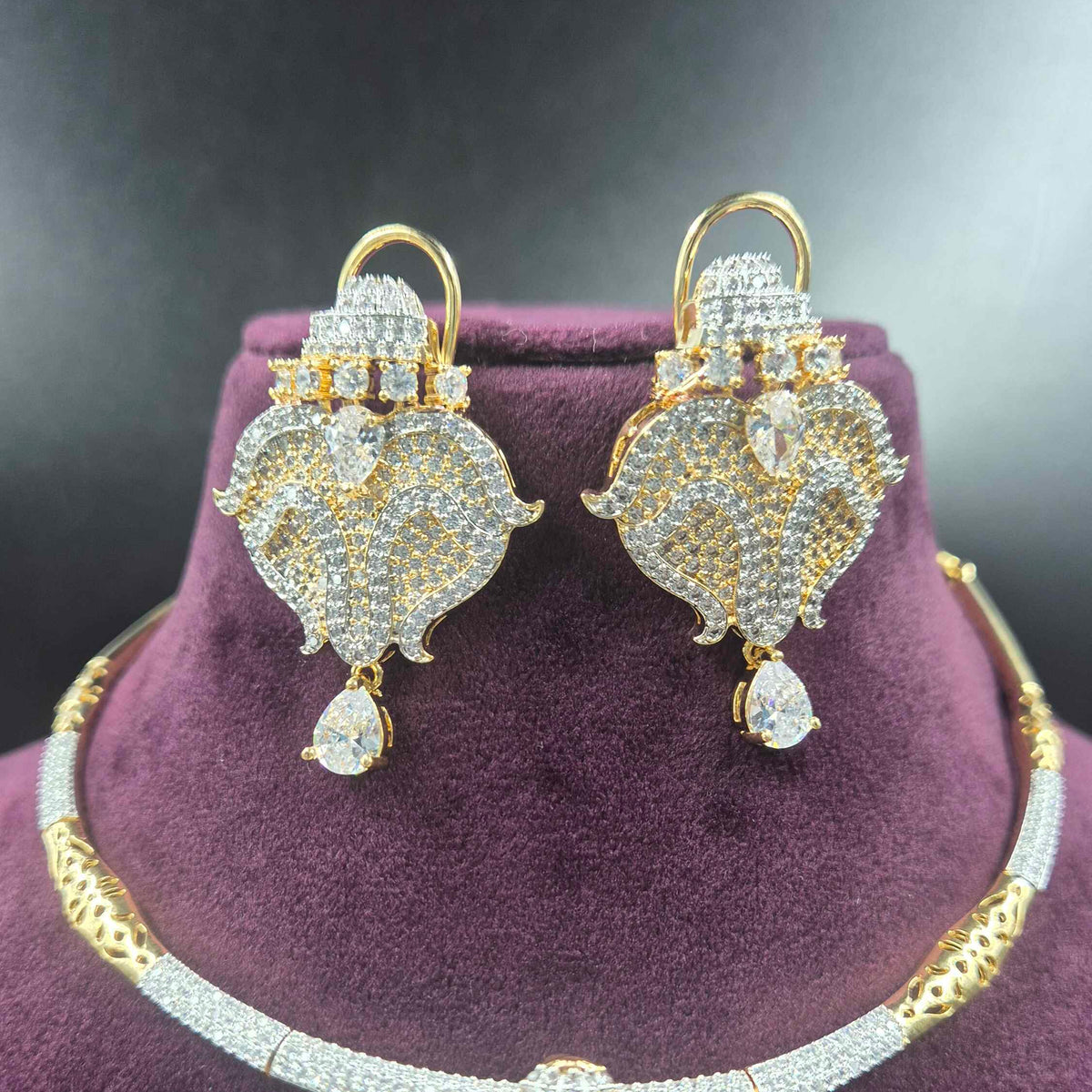 Two in one Ganesha Face CZ white stones Necklace Set with Matching Designer Earrings and plain hasli chain