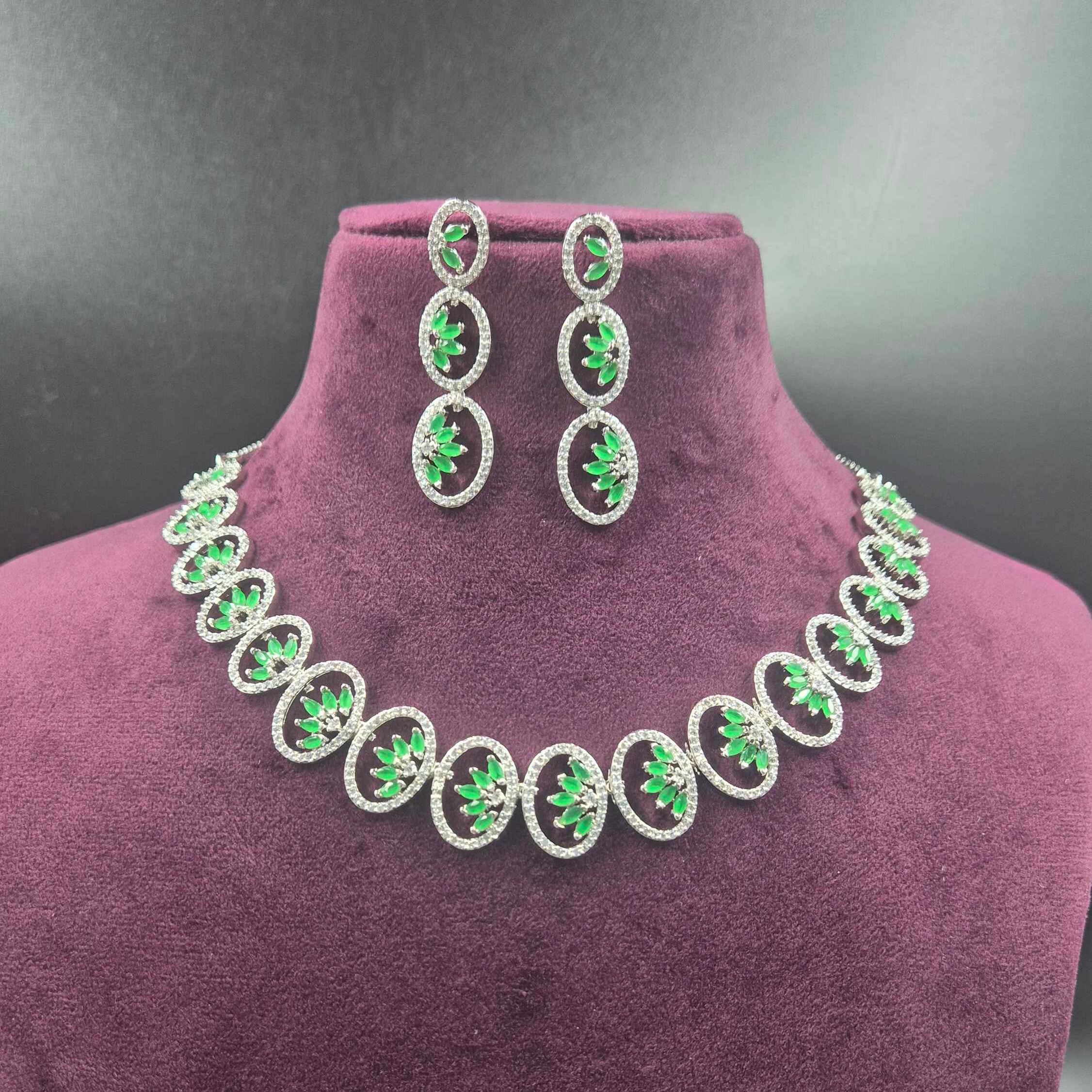 Emerald Green CZ Oval Link Necklace Set with Designer Earrings