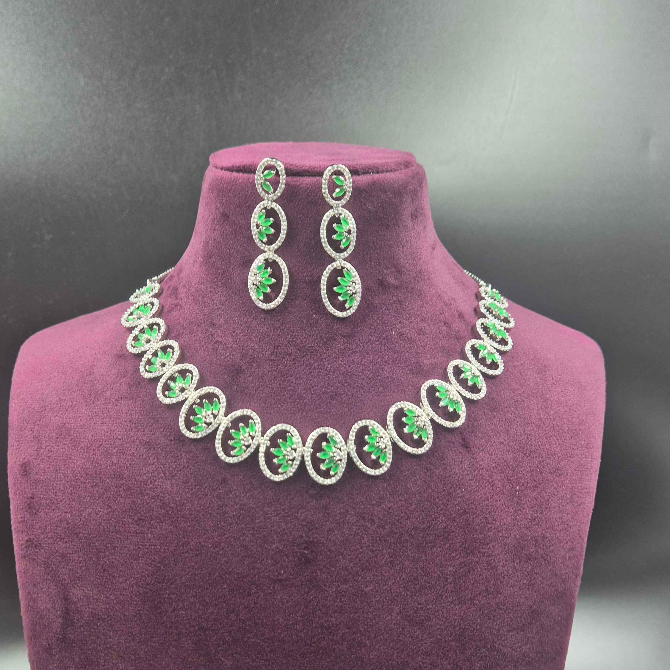 Emerald Green CZ Oval Link Necklace Set with Designer Earrings