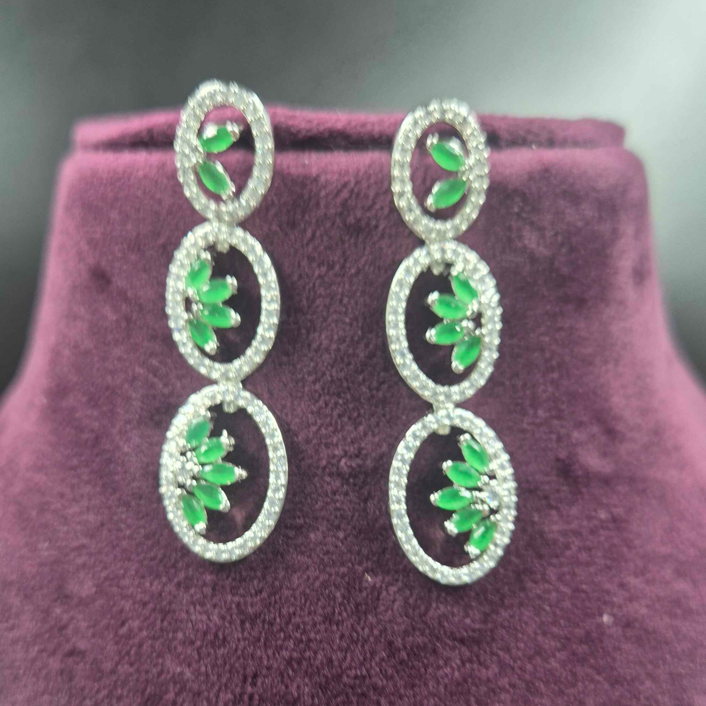 Emerald Green CZ Oval Link Necklace Set with Designer Earrings