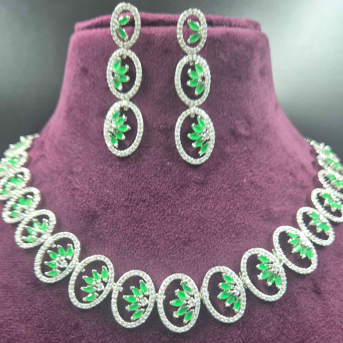 Emerald Green CZ Oval Link Necklace Set with Designer Earrings