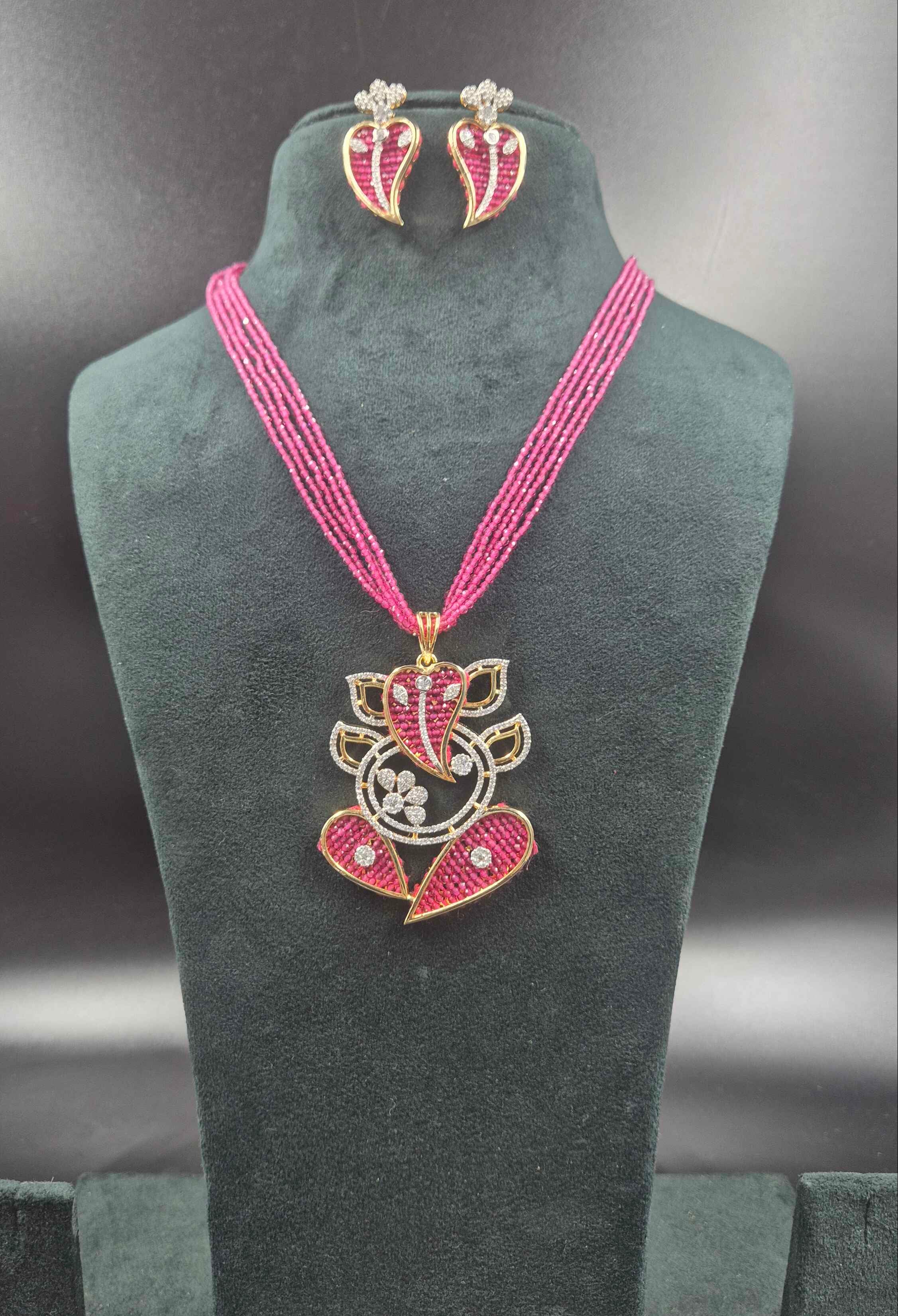Pink Beaded Ganesha Designer Necklace Set with Matching Earrings