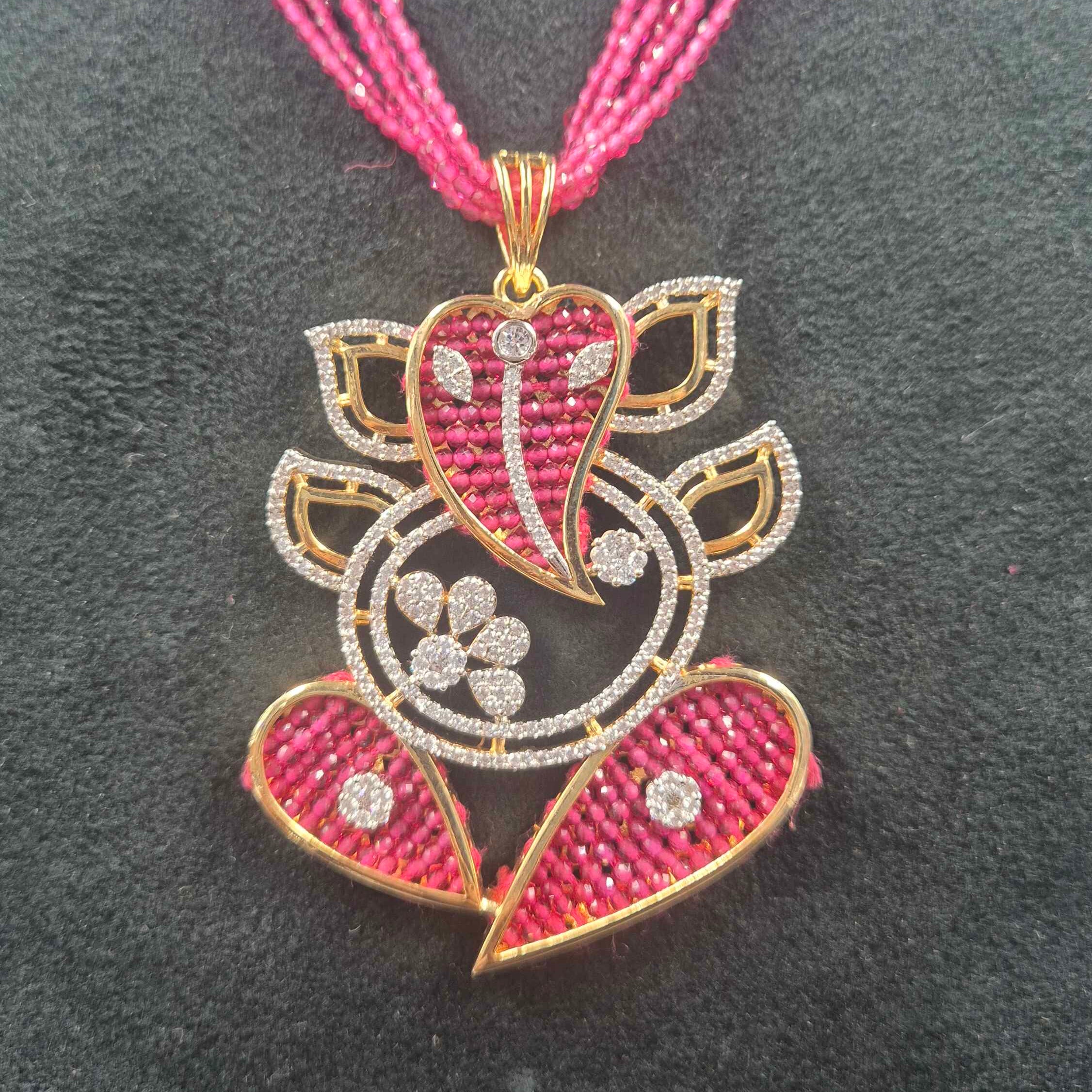 Pink Beaded Ganesha Designer Necklace Set with Matching Earrings