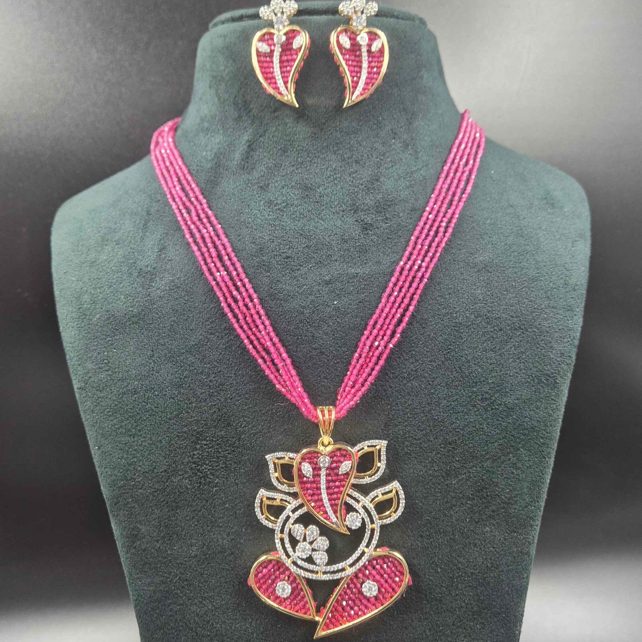Pink Beaded Ganesha Designer Necklace Set with Matching Earrings