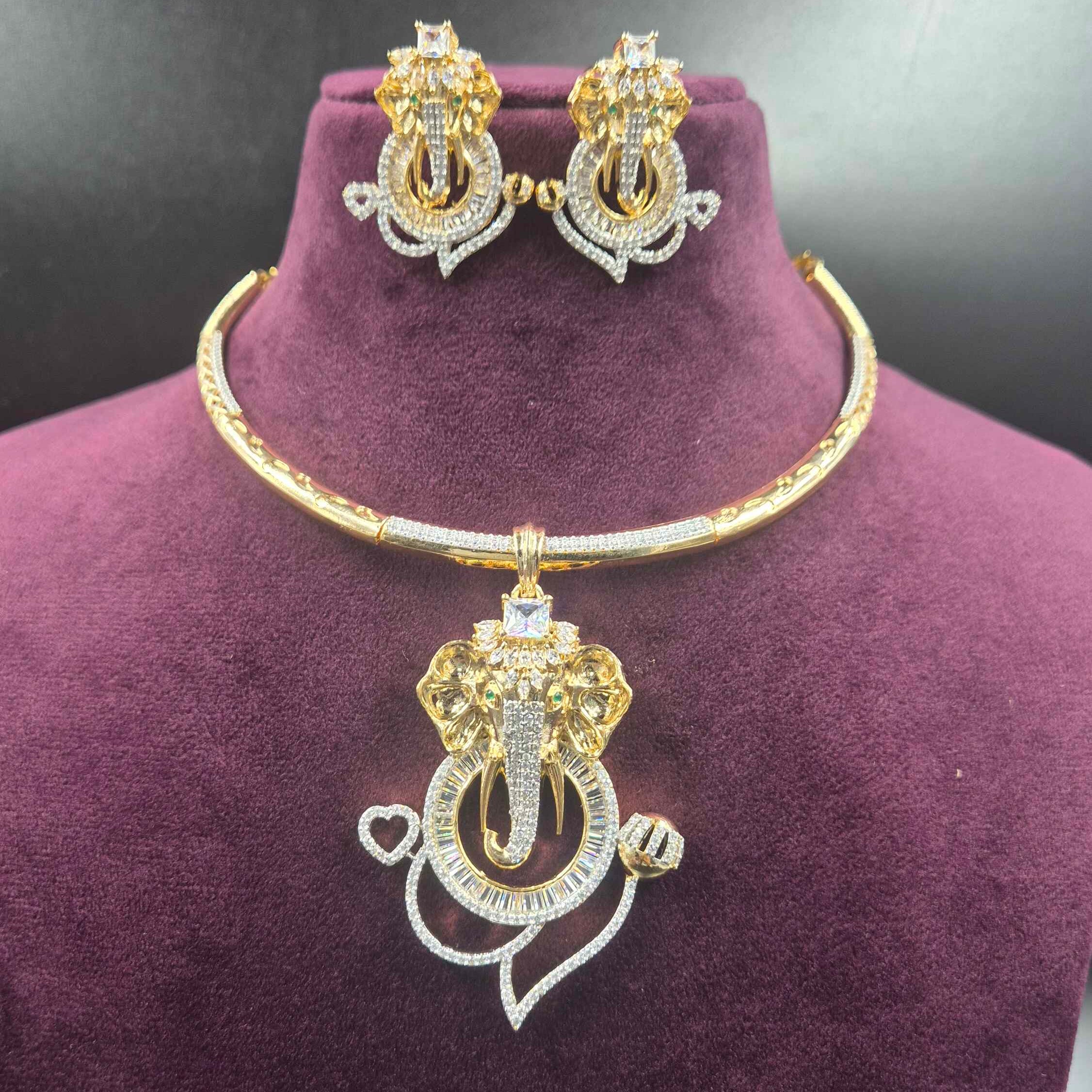 Divine Ganesha CZ Necklace Set | Premium Gold Finish Designer Jewellery