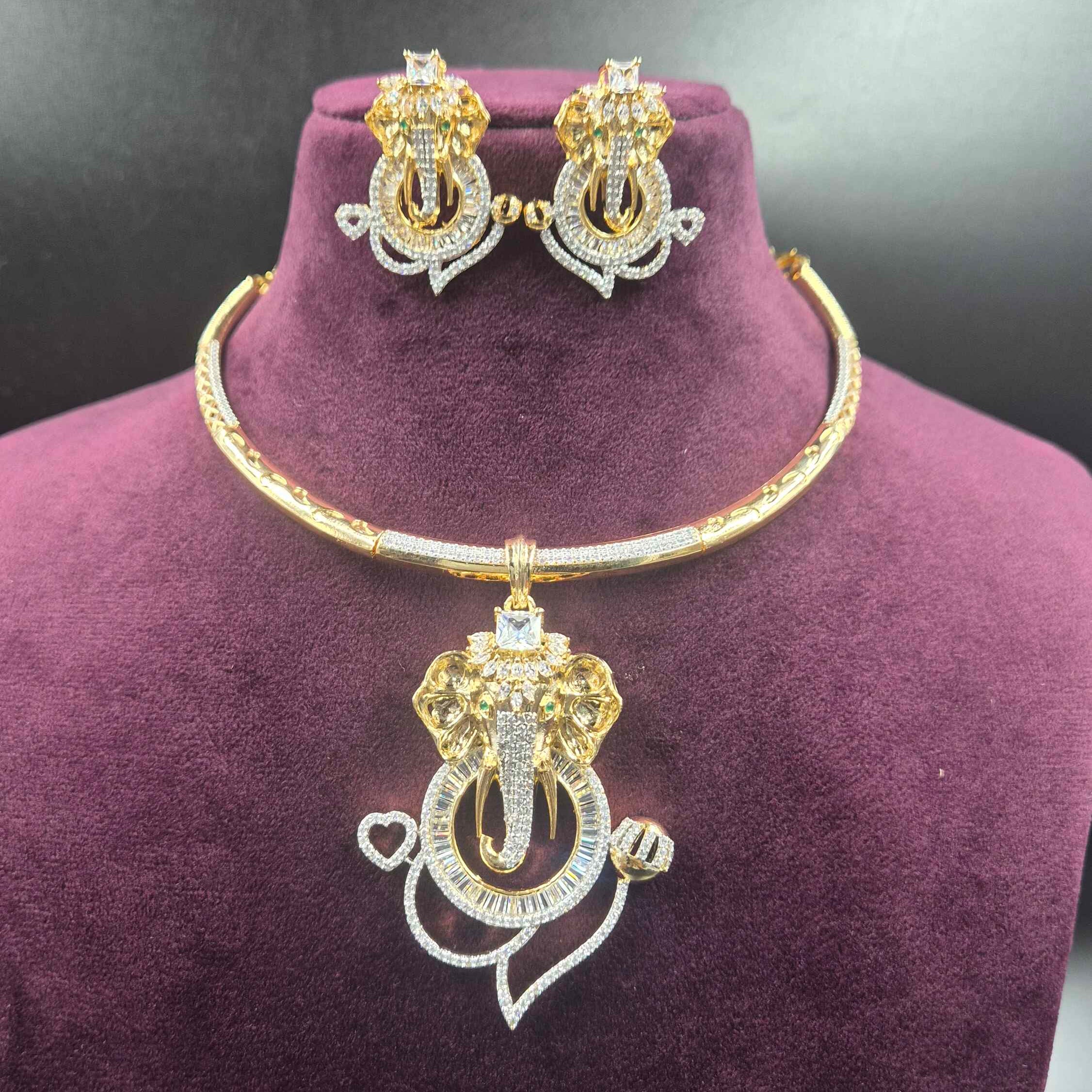 Divine Ganesha CZ Necklace Set | Premium Gold Finish Designer Jewellery