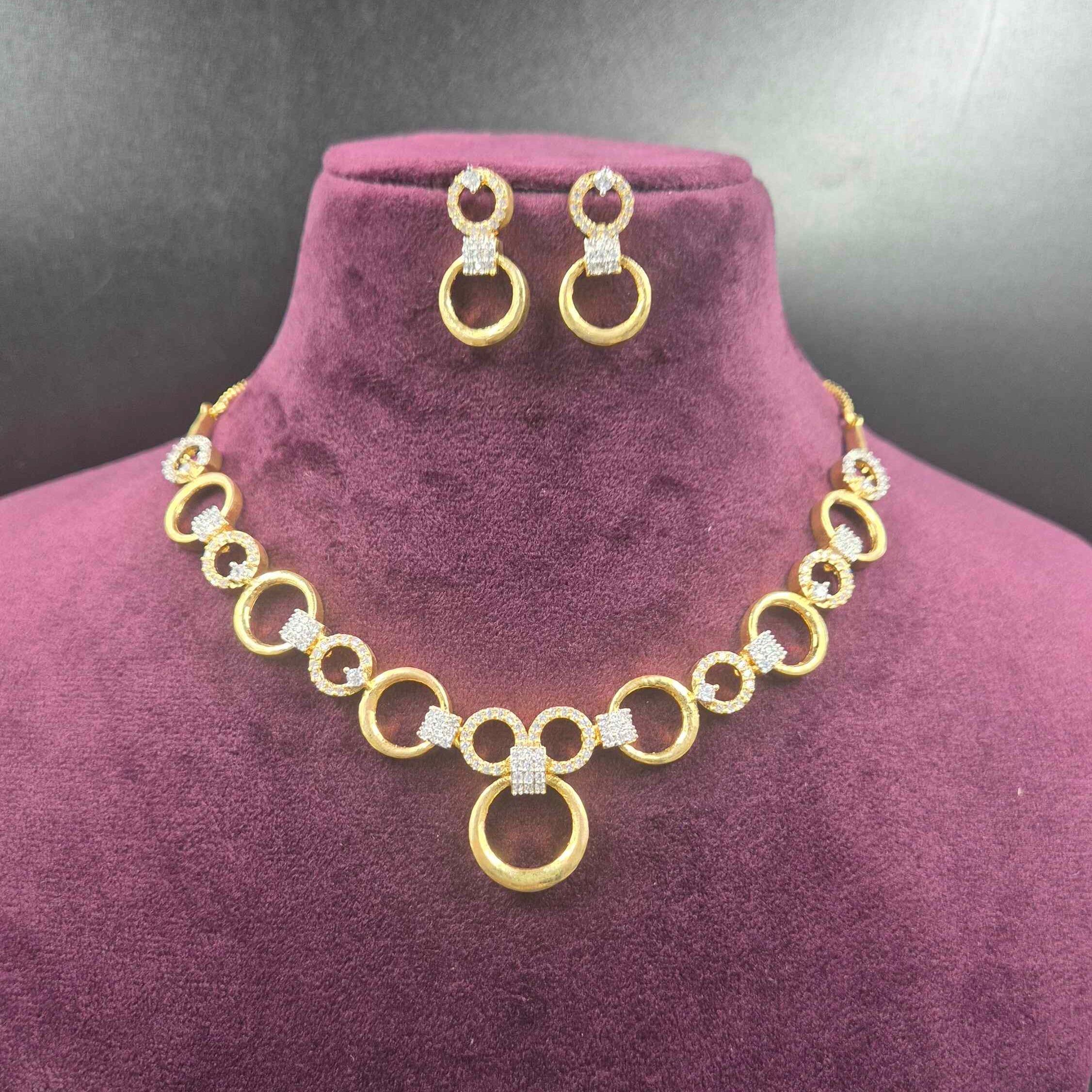 Elegant Circle Link CZ Necklace Set | Modern Gold Finish Designer Jewellery