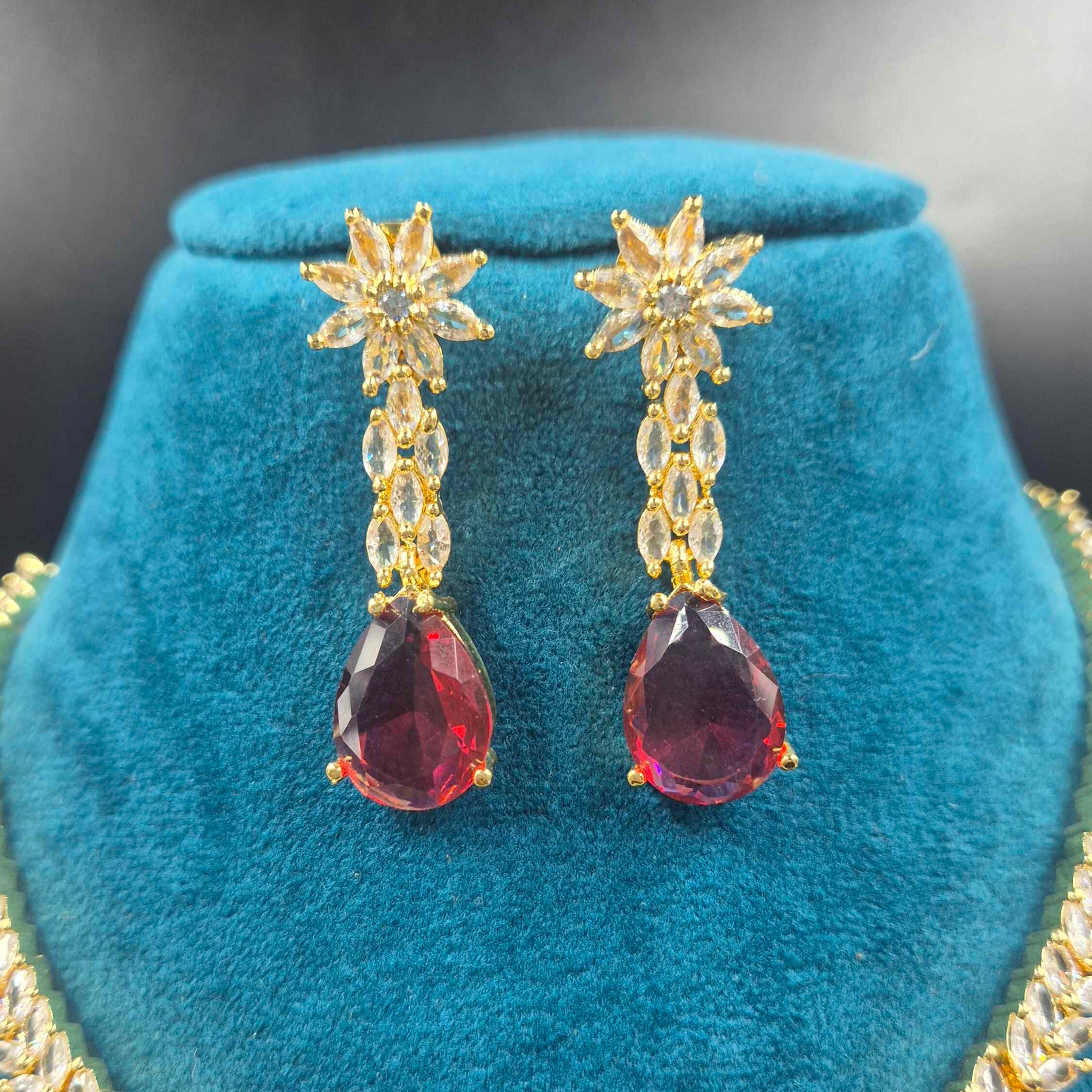 Ruby Red CZ Necklace Set  removable stone in pendant and earrings/4 colour options| Elegant Gold Finish Designer Jewellery