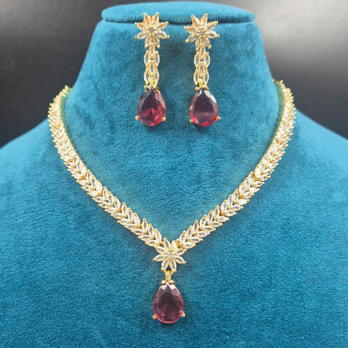 Ruby Red CZ Necklace Set  removable stone in pendant and earrings/4 colour options| Elegant Gold Finish Designer Jewellery