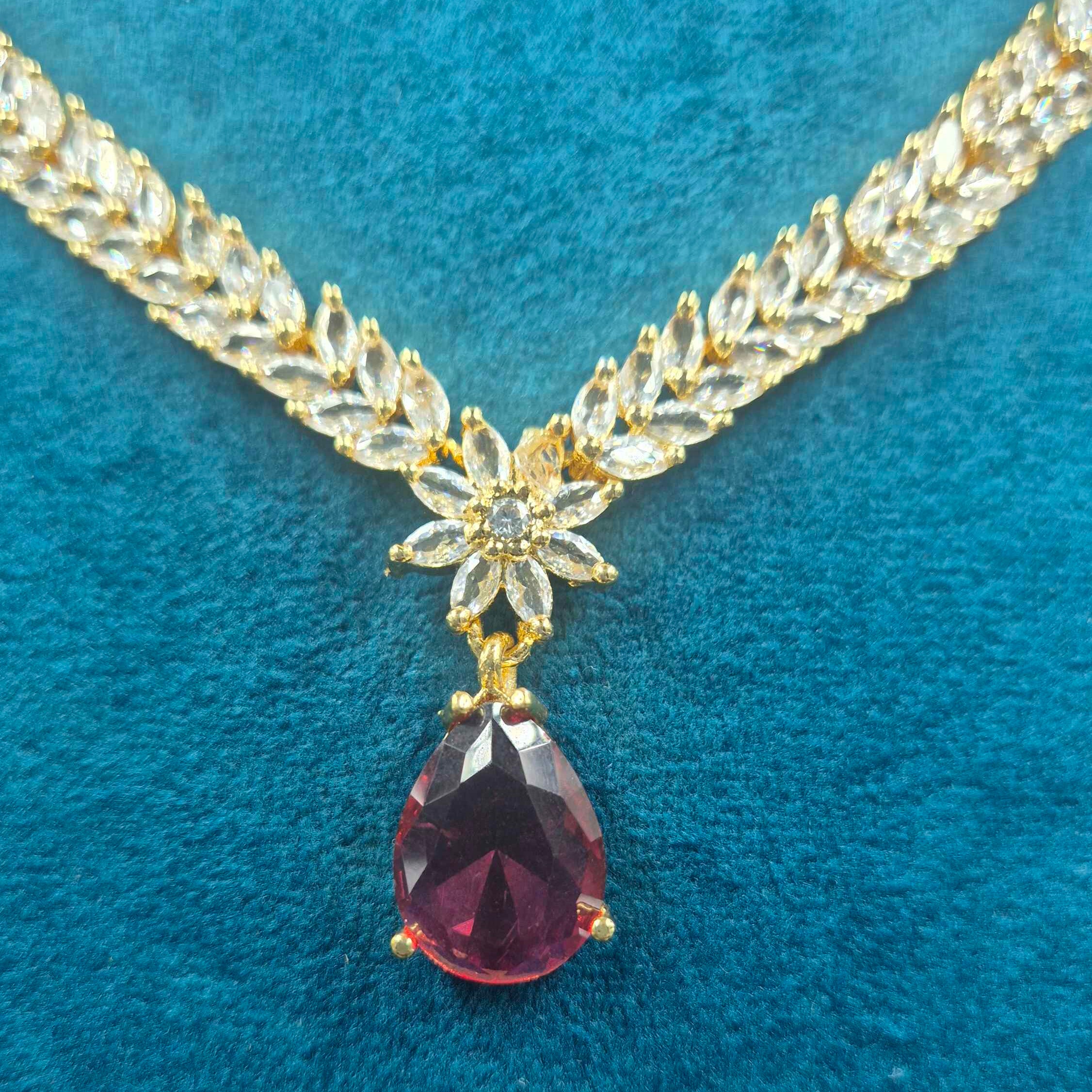 Ruby Red CZ Necklace Set  removable stone in pendant and earrings/4 colour options| Elegant Gold Finish Designer Jewellery