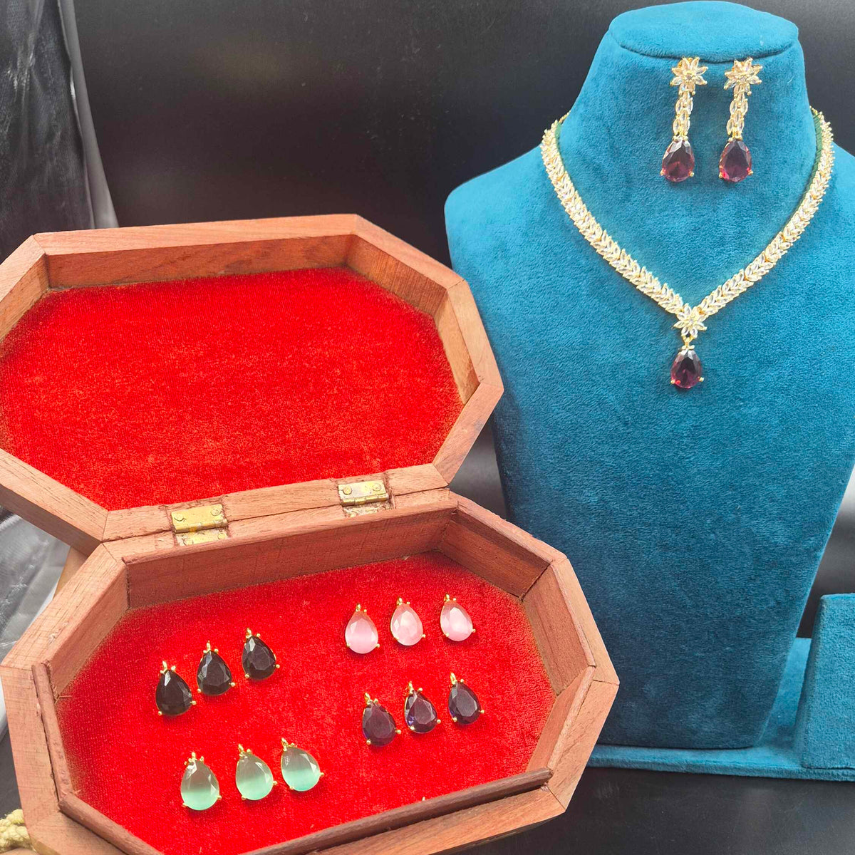 Ruby Red CZ Necklace Set  removable stone in pendant and earrings/4 colour options| Elegant Gold Finish Designer Jewellery