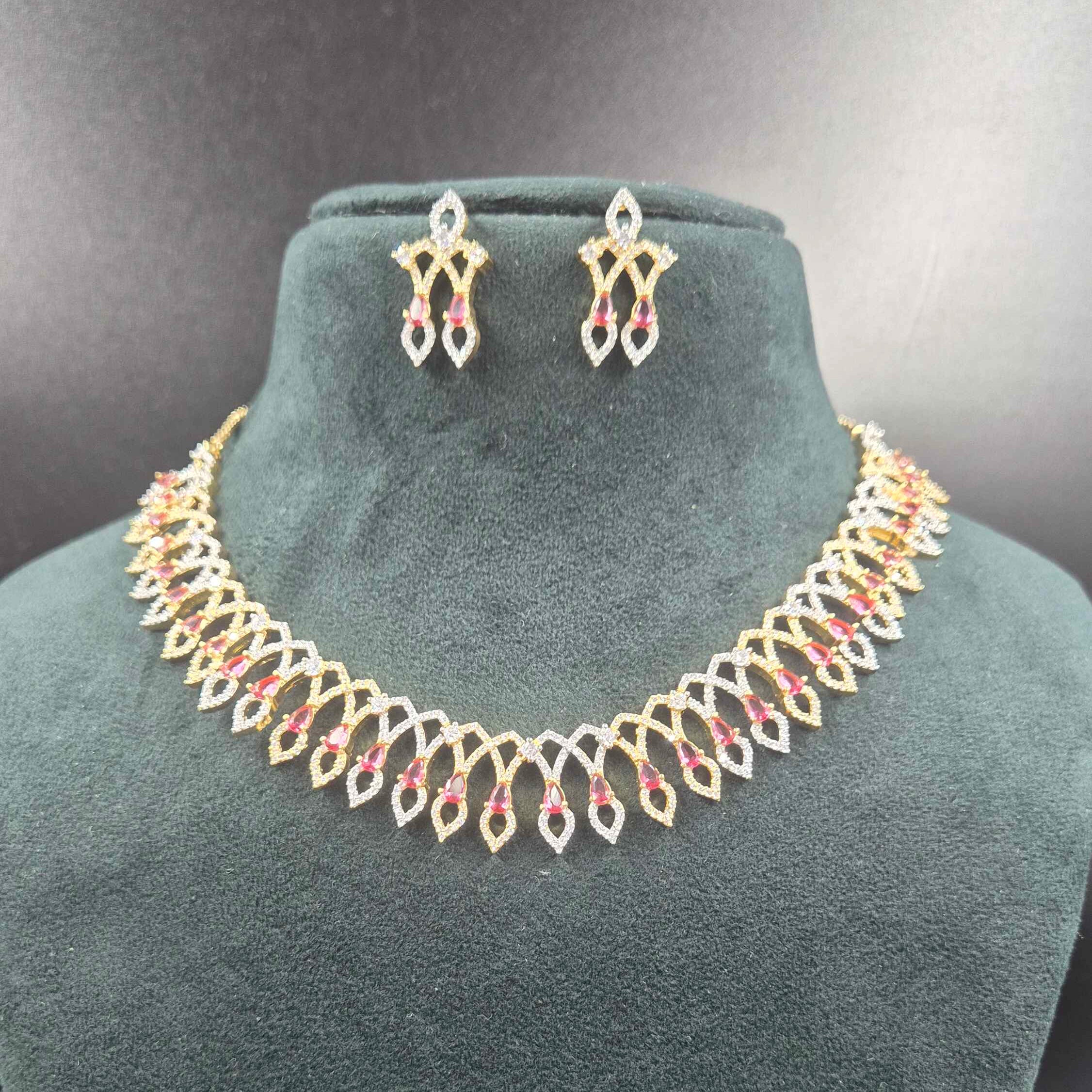 Ruby CZ Leaf Necklace Set | Elegant Gold Finish Designer Jewellery
