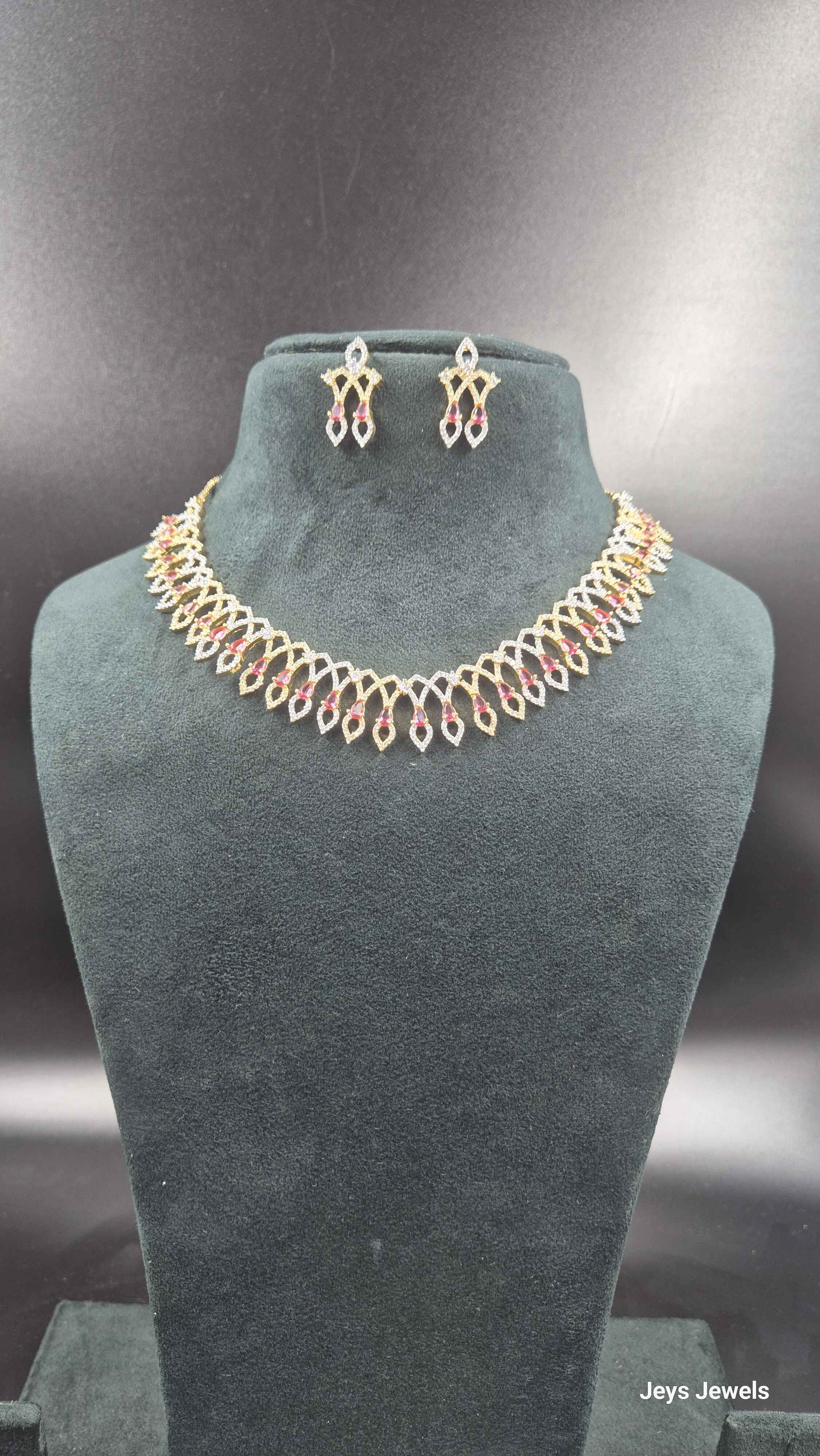 Ruby CZ Leaf Necklace Set | Elegant Gold Finish Designer Jewellery