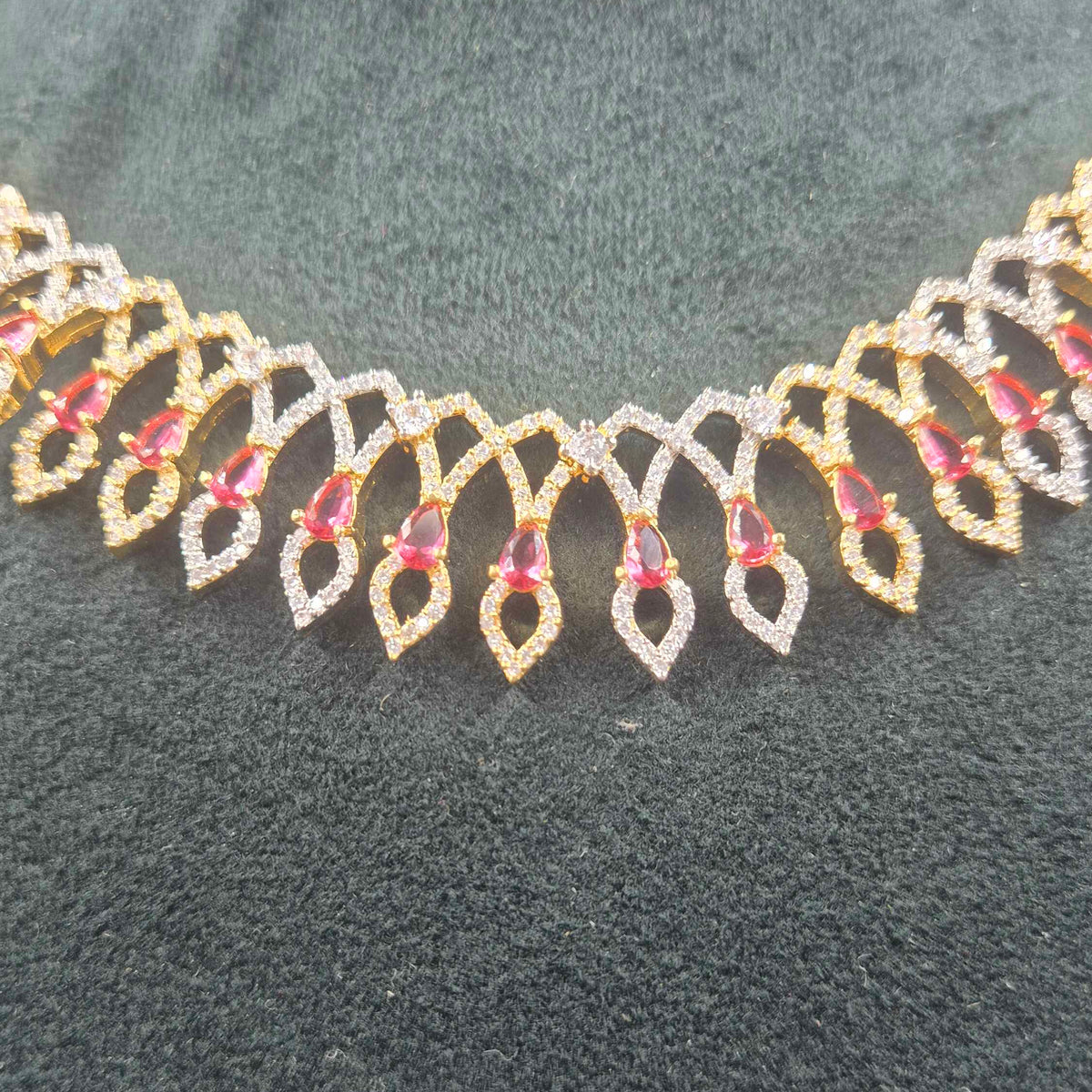 Ruby CZ Leaf Necklace Set | Elegant Gold Finish Designer Jewellery