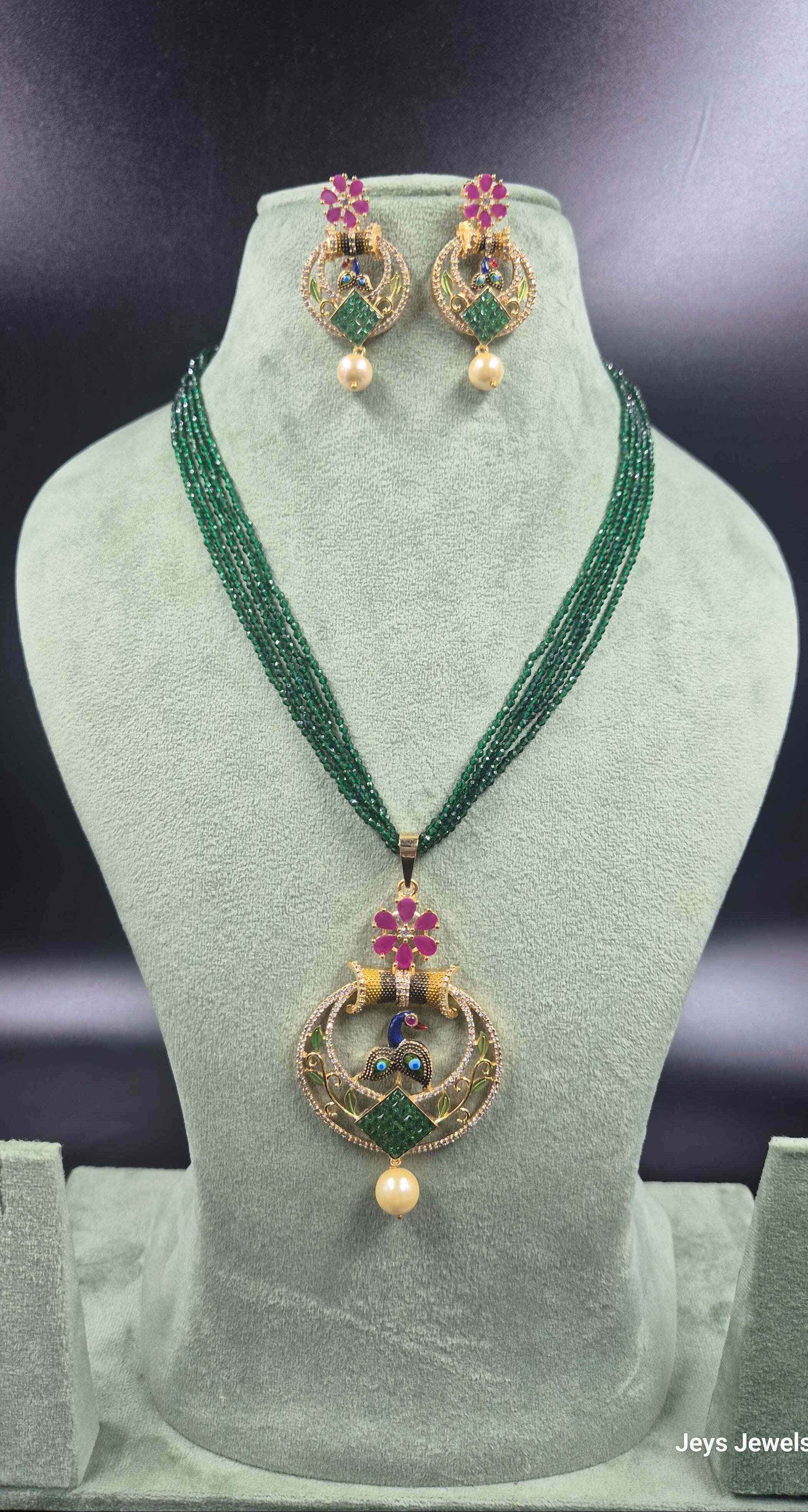 Elegant Green Beaded Necklace Set with Designer Pendant & Earrings | Jeys Jewels
