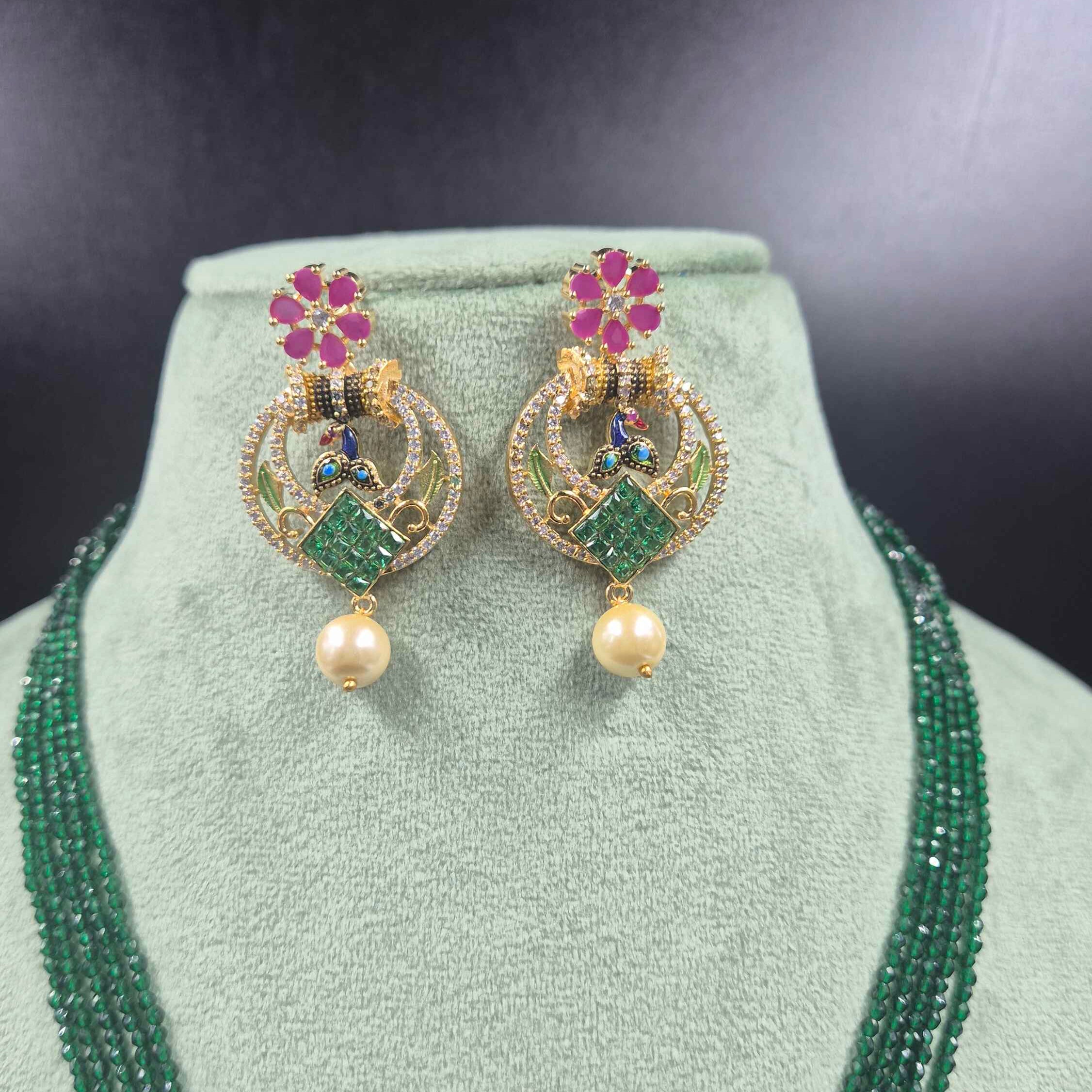 Elegant Green Beaded Necklace Set with Designer Pendant & Earrings | Jeys Jewels