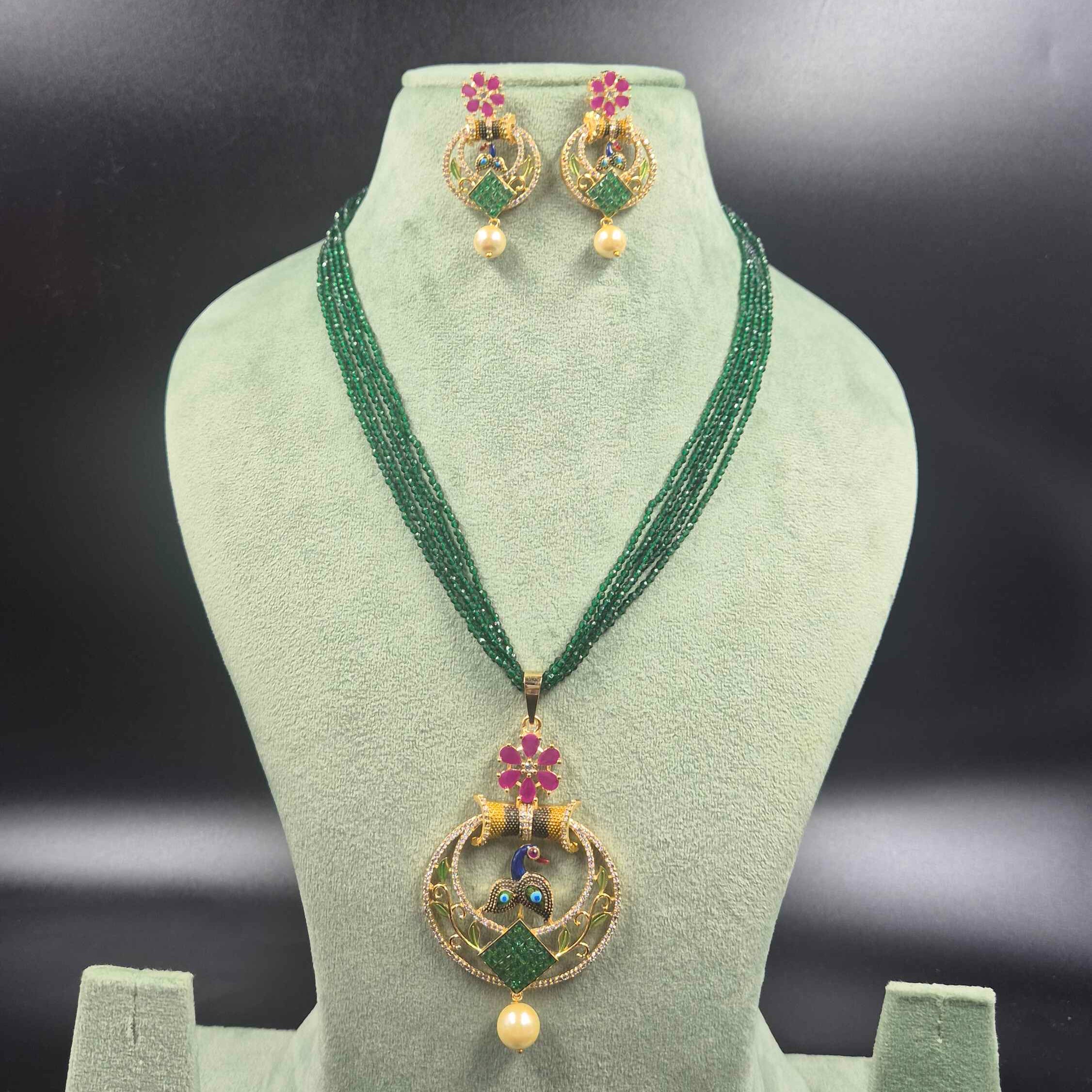 Elegant Green Beaded Necklace Set with Designer Pendant & Earrings | Jeys Jewels