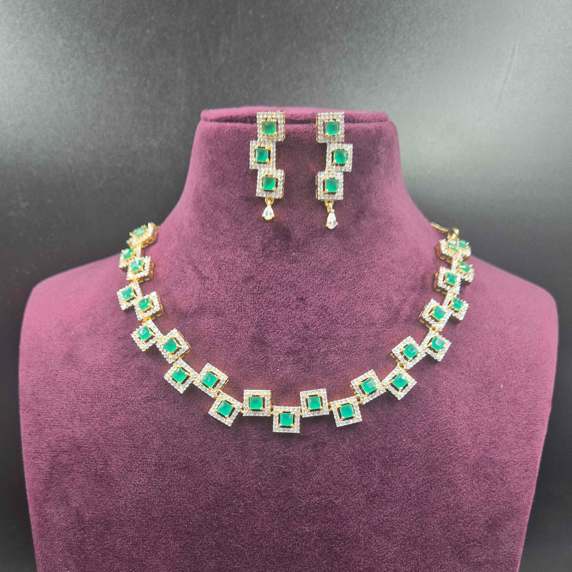 Elegant Emerald Green Square CZ Necklace Set with Matching Earrings | Jeys Jewels
