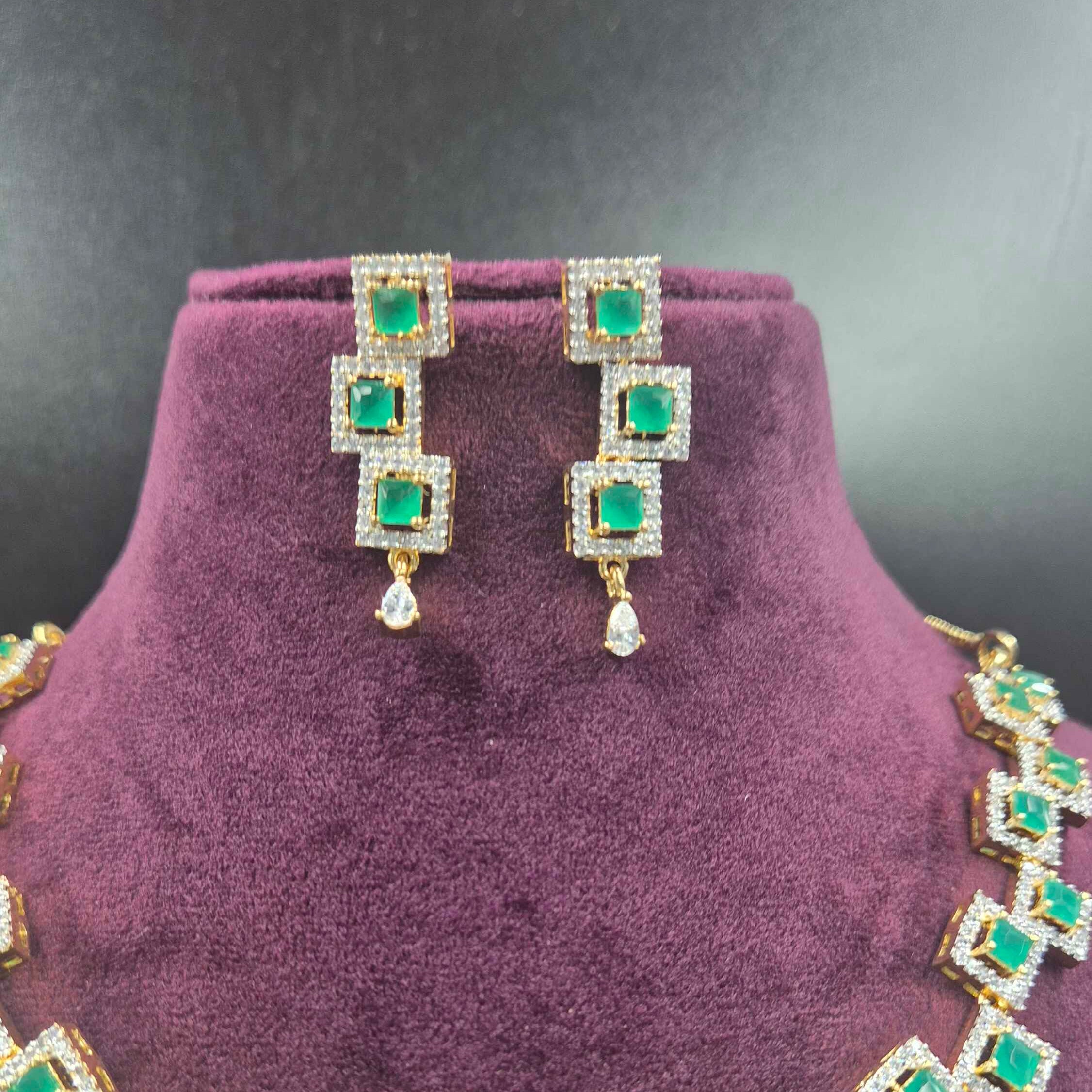 Elegant Emerald Green Square CZ Necklace Set with Matching Earrings | Jeys Jewels